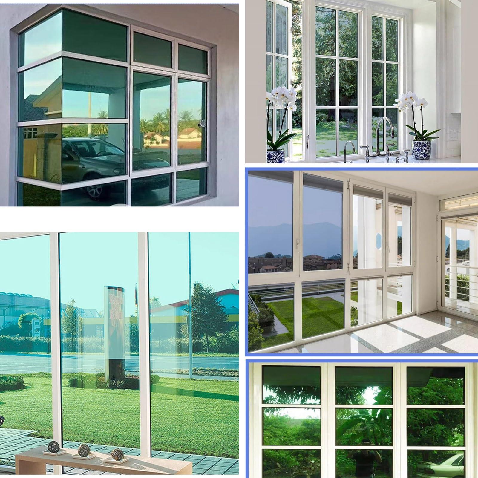 HJXGQJM One Way Window Film Privacy, Reflective Window Film Anti Glare, Mirror Window Film Heat Reduce, Window Tint Film UV Blocking, Window Sticker Adhesive for Home, Office, Green (Color : Green, Size : 3