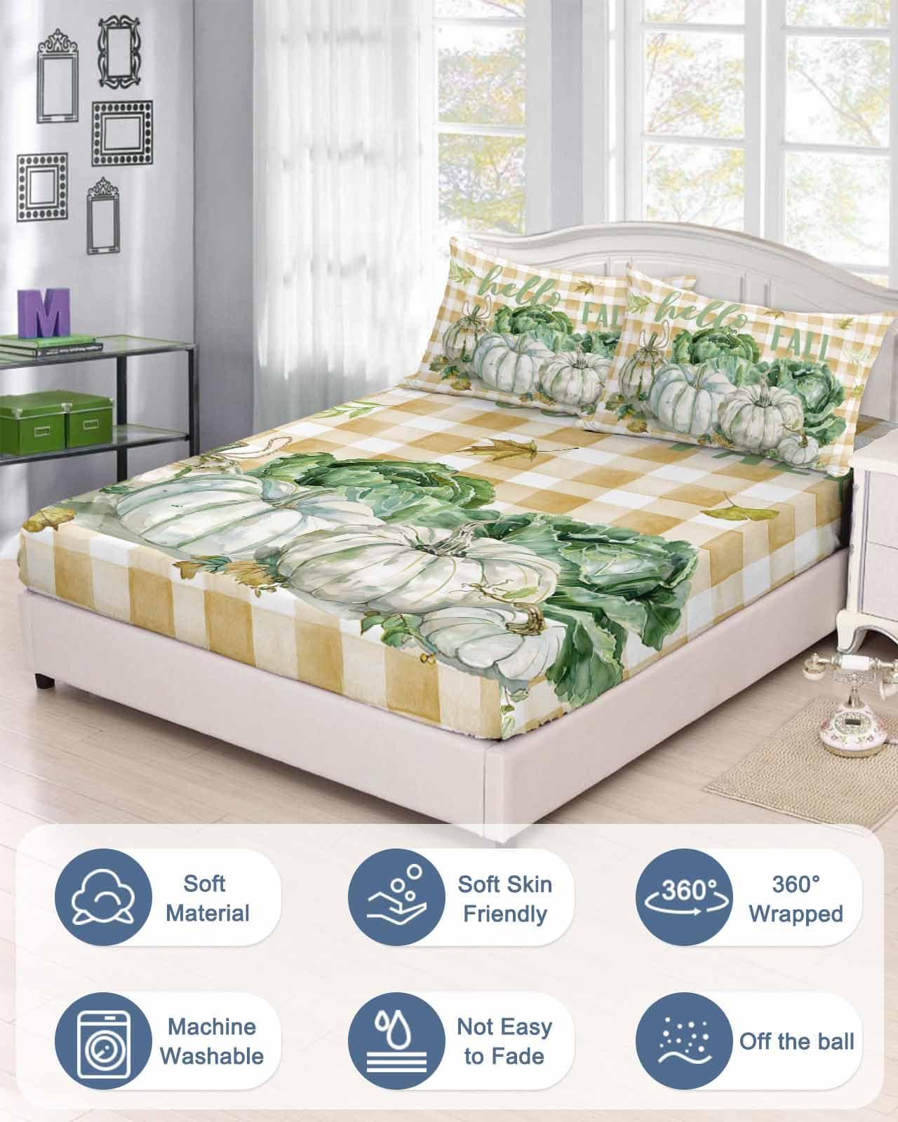 Perdecor Queen Fitted Bed Sheets Fall Thanksgiving Farm Vegetables Brushed Fitted Sheet with Deep Pocket,Soft Microfiber Breathable Bottom Sheet with Pillowcases,Pumpkin Cabbage Country Plaid Bedding Sheet