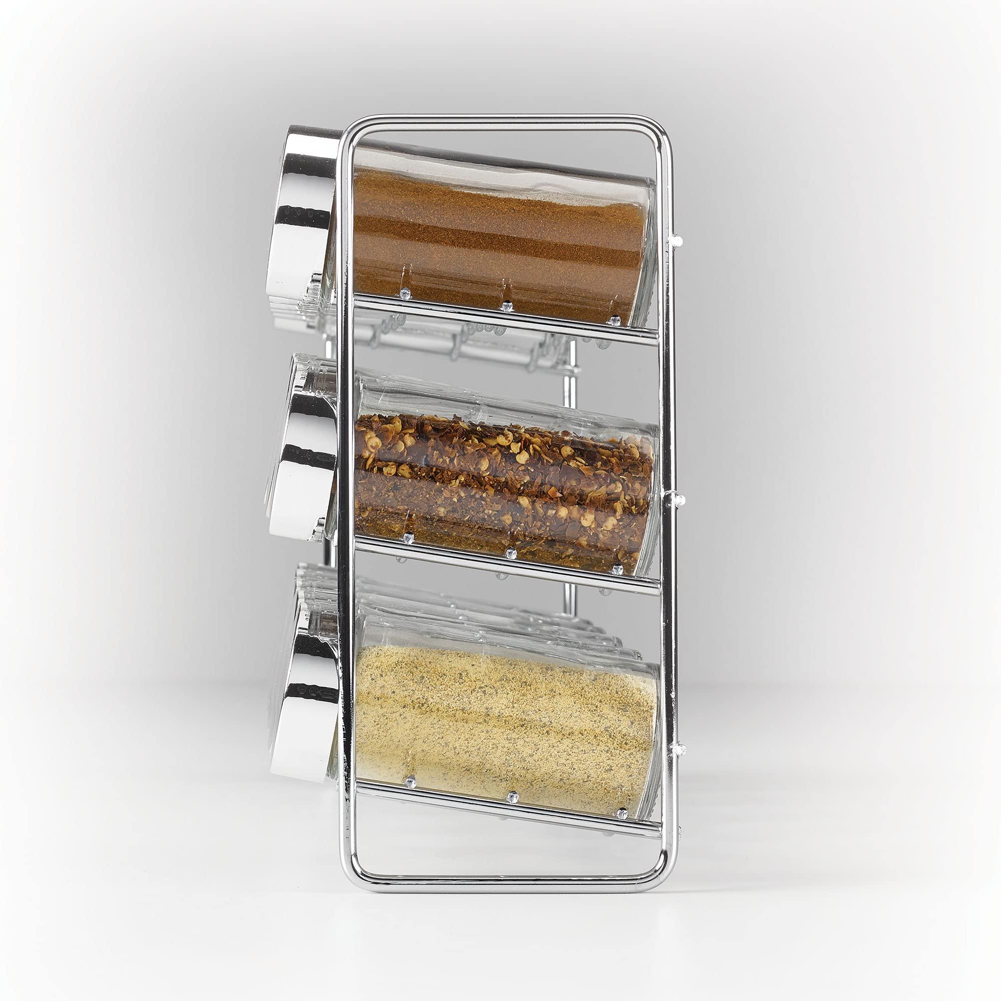 Polder Polder Chrome 18-Jar Compact Spice Rack, 18-5 ounce Glass Jar has Perforated Shaker Caps, Chrome Plated Lids, Sleek Enough for Countertop, Compact for Cabinet Storage