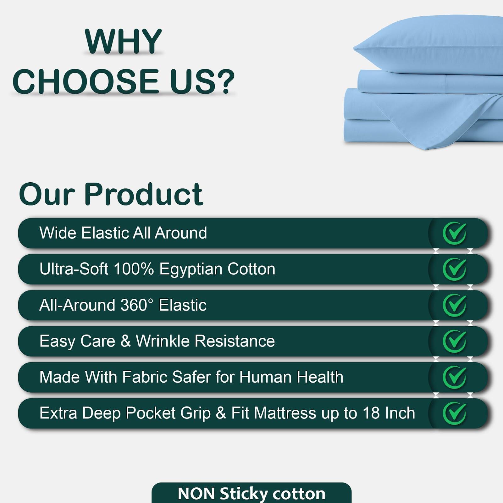 NON Sticky cotton Top Split King Sheets Sets for Adjustable beds, Sheets for Sleep Number Bed Split King deep Pocket, 34\" Split Top King Sheets 400 Thread Count 100% Cotton, Flex Top Sheets, Light Blue Solid