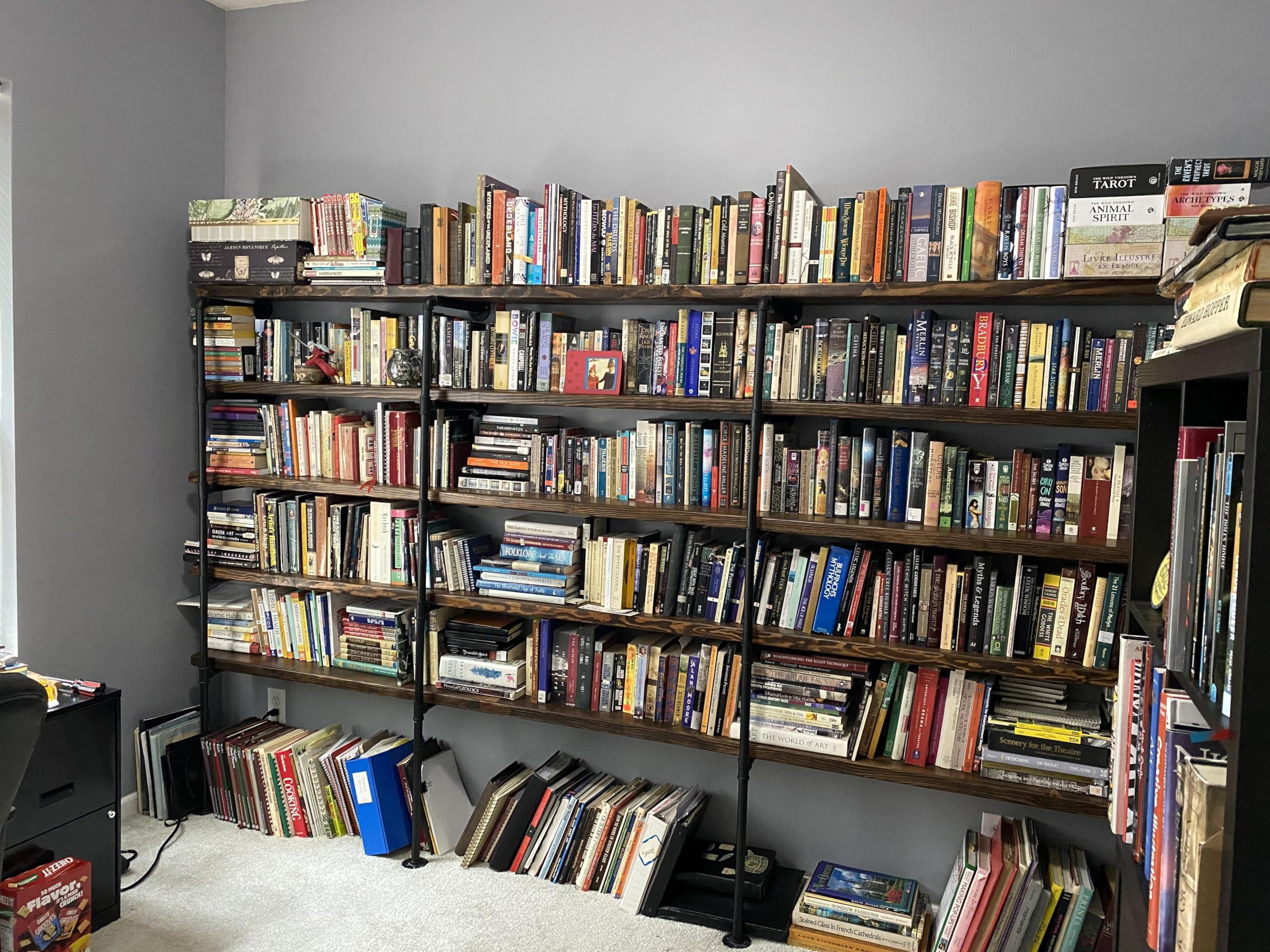 Kaler Industrial Iron Pipe Shelves, 3 Set 5-Tier, 68\" Tall, 12\" Depth, DIY Open Bookshelf Bookcase, Wall Mounted Vintage Retro Shelving, Rustic Farmhouse Pantry Kitchen Storage, Black Shelf Brackets