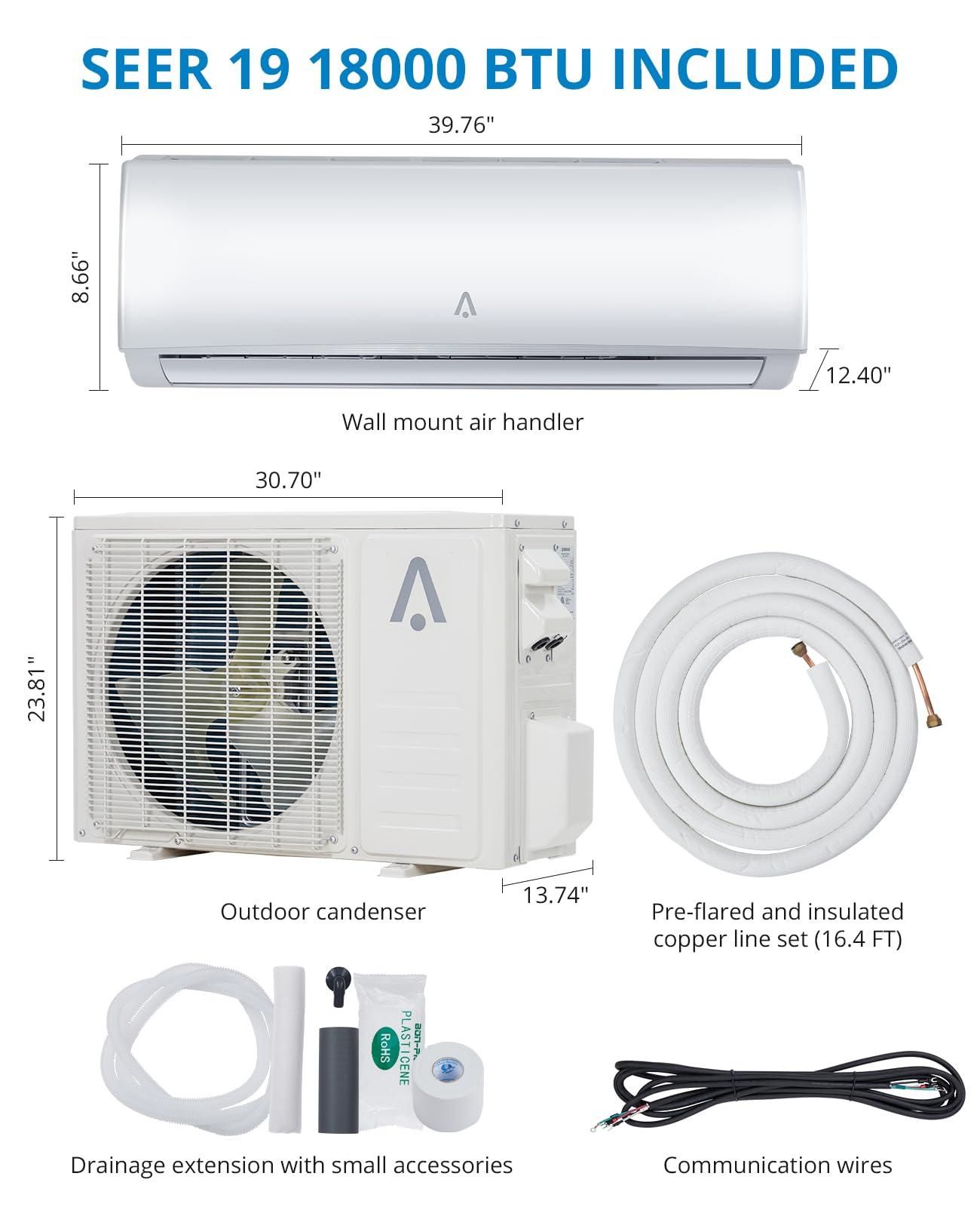Litake Litake 18,000 BTU Split Air Conditioner, Split AC/Heating System 19 SEER Split-System Air Conditioner Inverter, Cooling up to 1250 Sq.Ft, Wall Mount Ductless Mini Split A/C, Full Installation Kit