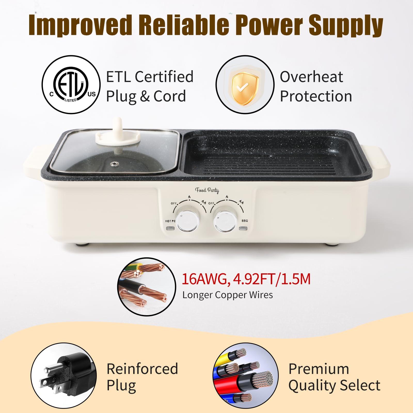 Food Party Food Party Hot Pot Electric Grill 2 in 1 Korean BBQ Grill Indoor Smokeless Hotpot Pot Electric Cooker Sahabu Shabu Pot Non Stick (Large)