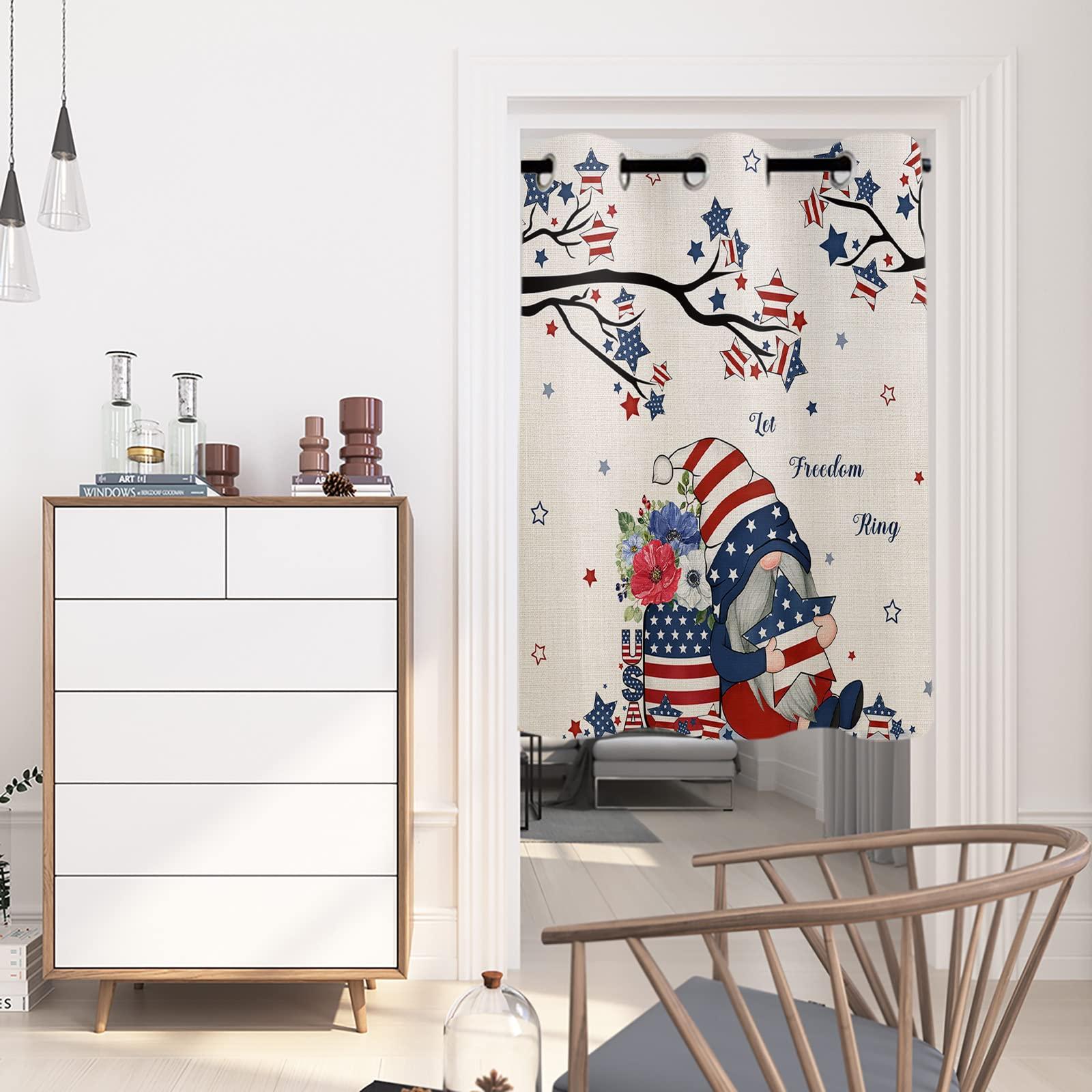 Tersuger Blackout Curtain 36 Inch Length,4th of July Patriotic Independence Day Gnome USA Flag Star Tree Window Curtain Grommet Room Darkening Curtain Thermal Insulated Drapes for Living Room Bedroom,1 Panel