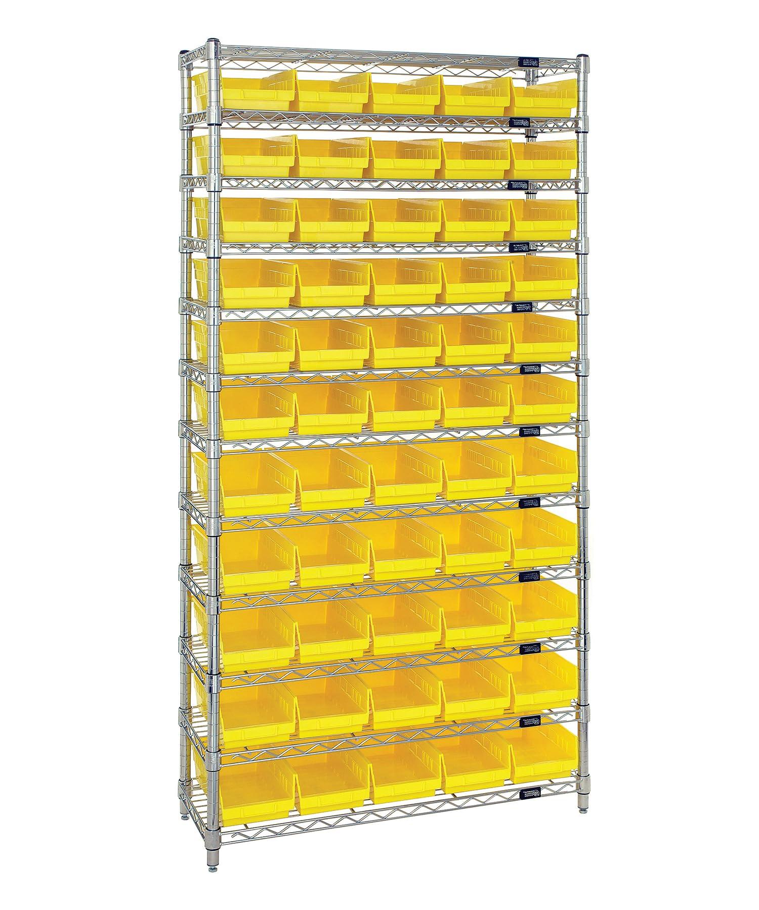 QUANTUM STORAGE SYSTEMS Quantum Storage Systems WR12-104YL 12-Tier Complete Wire Shelving System with 55 QSB104 Yellow Bins, Chrome Finish, 18" Width x 36" Length x 74" Height