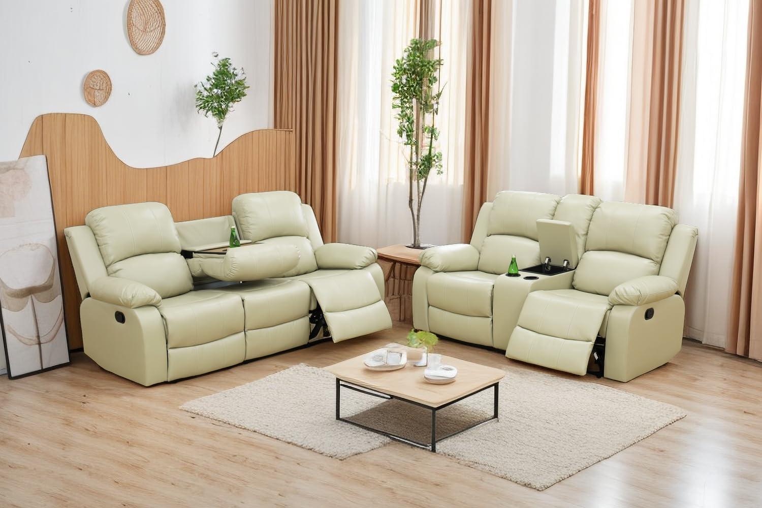 A Ainehome A Ainehome Living Room Furniture Set Leather Recliner Sofa Set Loveseat Chair Furniture Sofa Set for Living Room/Small Space/Rv/House/Office/Theater Seating (A-Beige leather, Sofa+Loveseat)