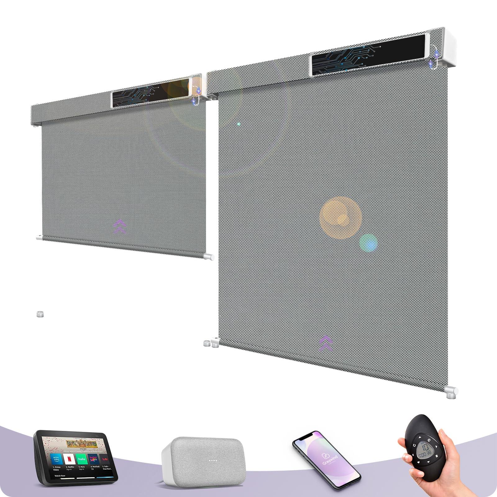 Graywind Graywind Motorized Outdoor Shades for Patio Compatible with Alexa Google Smart Sun Shades Exterior Solar Powered Blinds Electric Roller Shades Outside, Custom Size (3% Openness Fresh Grey)