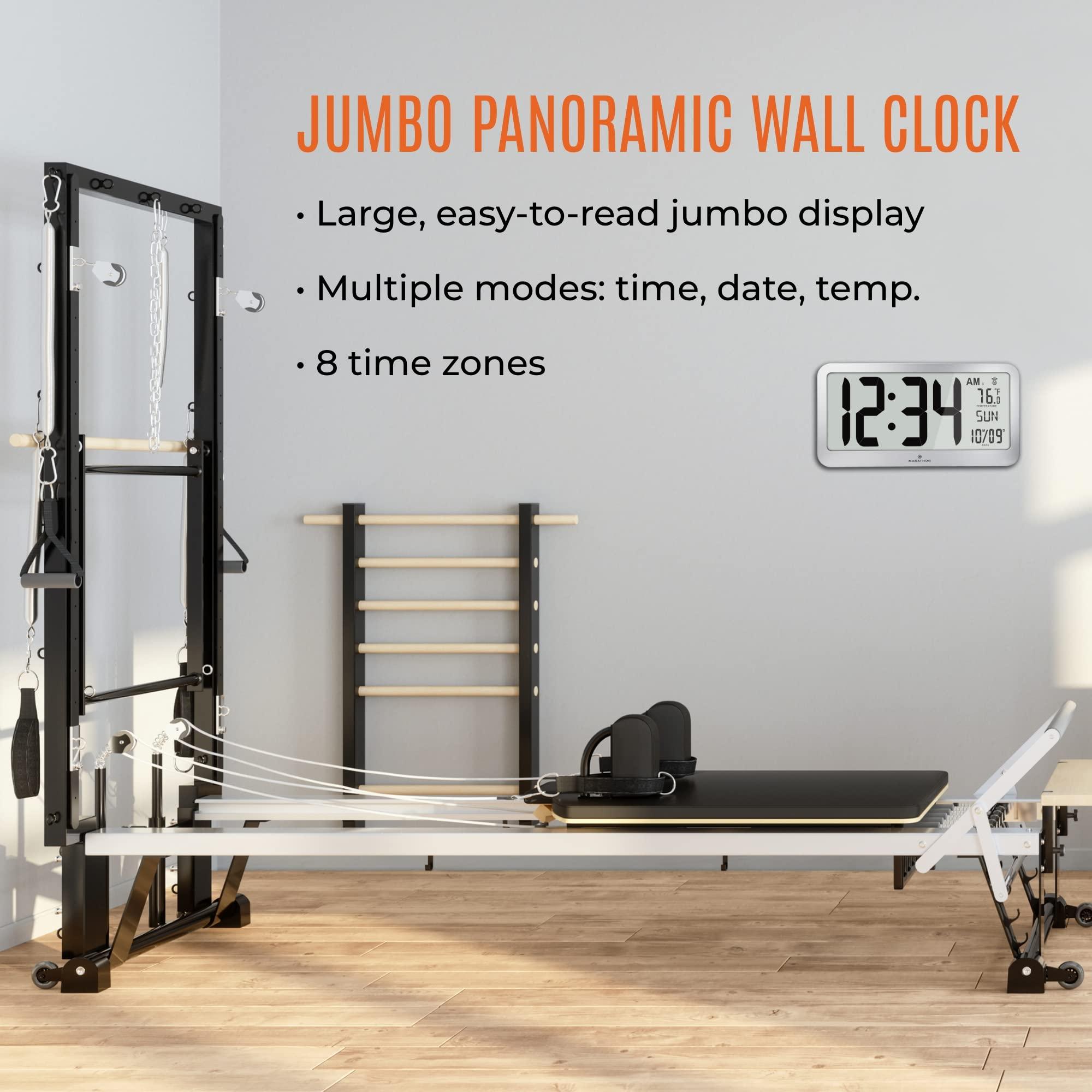 MARATHON Marathon Slim Jumbo Panoramic Atomic Wall Clock with Date and Indoor Temperature. Commercial Grade with Big 6-Inch Numbers, Alarm and Table Stand. Batteries Included (Graphite Grey)
