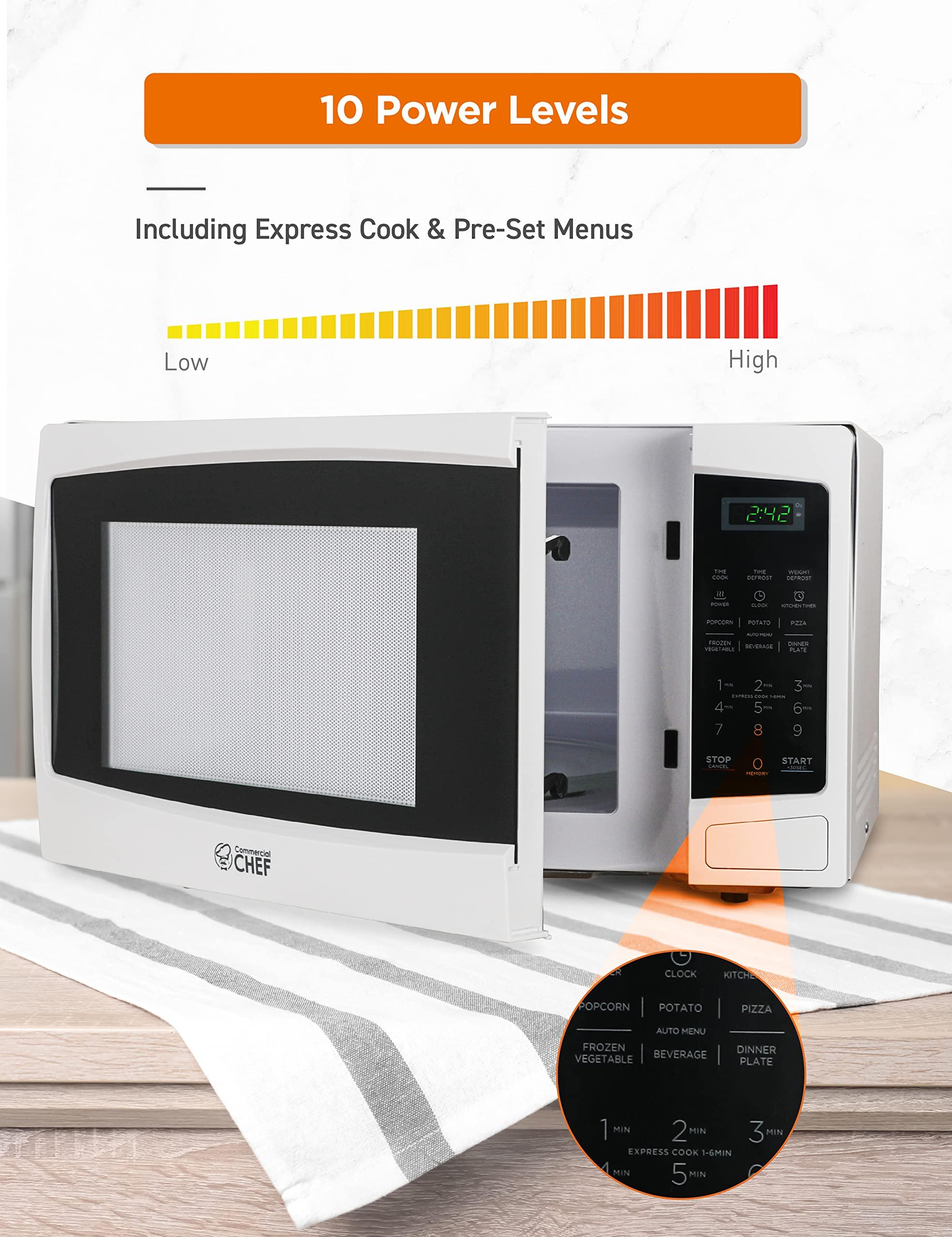 Commercial CHEF COMMERCIAL CHEF 1.1 Cu Ft Microwave with 10 Power Levels, Microwave 1000W with Push Button Door Lock, Countertop Microwave with Microwave Turntable and Digital Controls, White