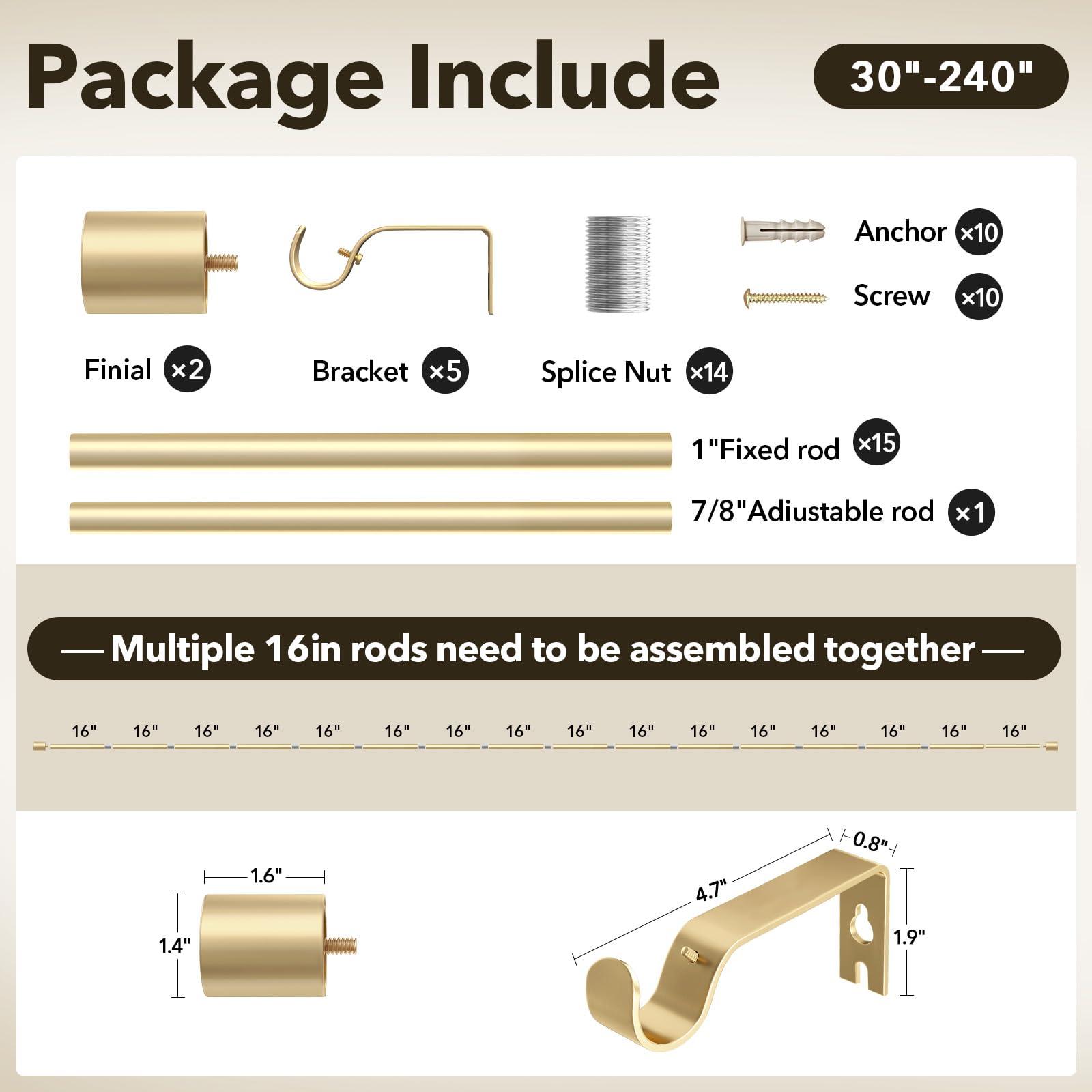 IFELS Extra Long Curtain Rods for Windows 32 to 240 Inch, 1 Inch Gold Curtain Rod, Heavy Duty Curtain Rods for Patio, Farmhouse, Bedroom, Living Room, Adjustable Metal Curtain Rods (A2,Gold,32"-240")