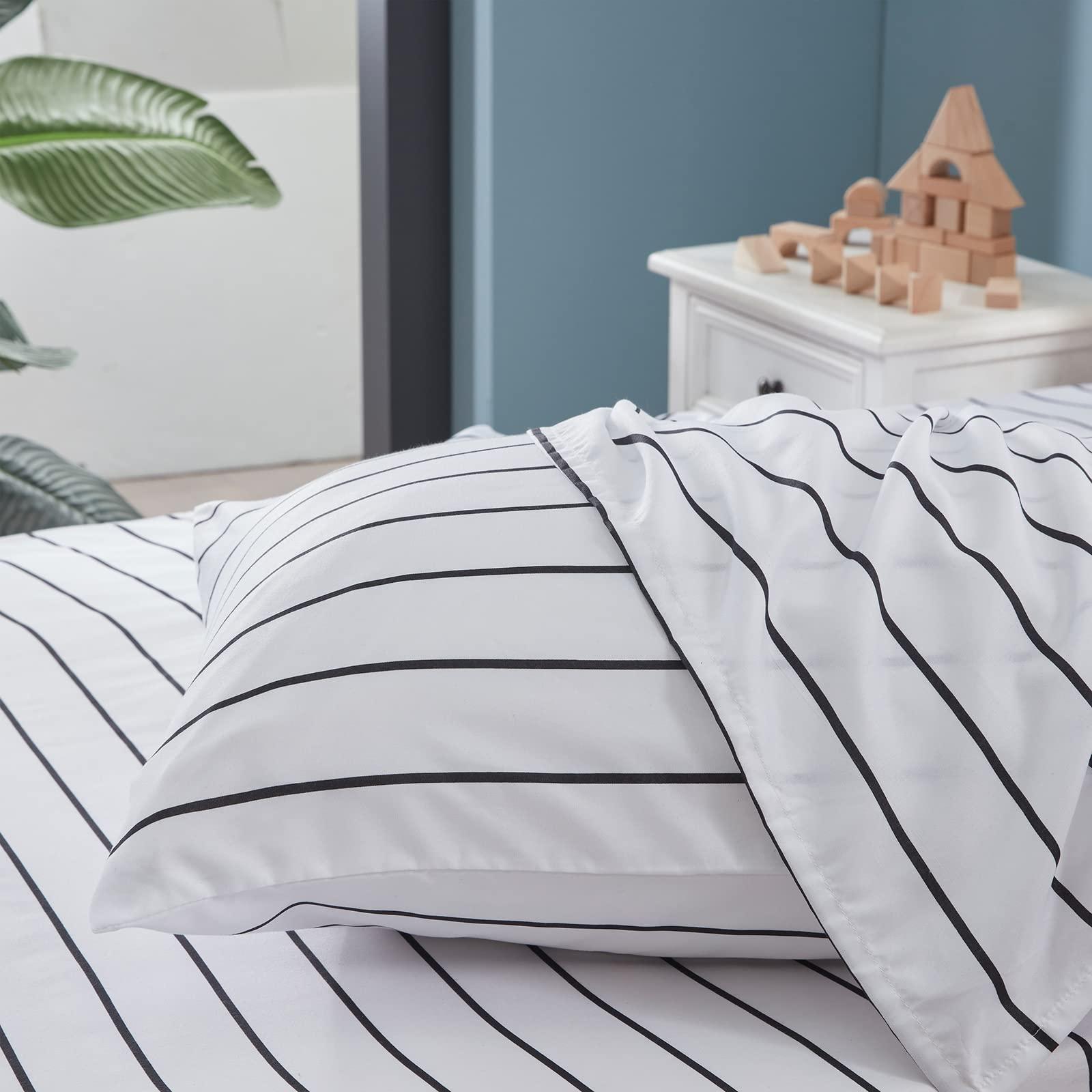 Homiest Homiest 3pcs White and Black Sheets Twin Size Bed Set Microfiber Sheet Set, Horizontal Stripe Bed Sheets Cute Soft Bedding Set, Deep Pocket Twin Sheets Stripe Printed Sheets for Kids Teen Boys Adults