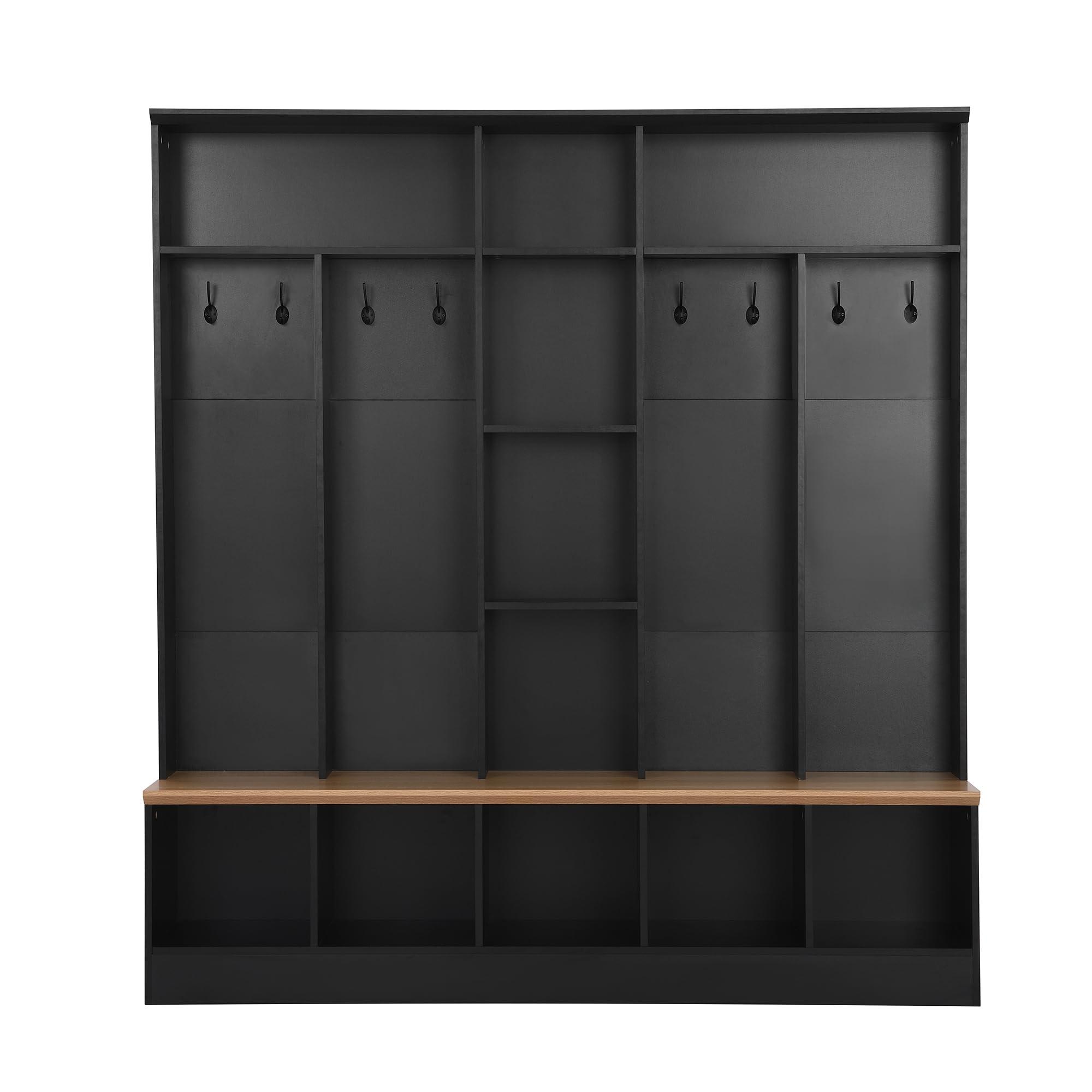 Hlcodca Hlcodca Wide Design Hall Tree with Storage Bench, Minimalist Shoe Cabinet with Cube Storage & Shelves, Multifunctional Coat Rack with 8 Hooks for Entryways Hallway Mudroom (Black-001)