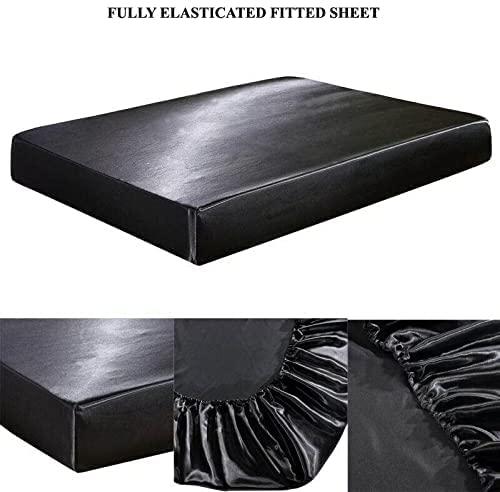 RJ BEDDING RJ BEDDING, Satin Silk Sheet Sets 4Pcs, California King Size(72\"X84\")+20 INCH DEEP Pocket, (Fitted Sheet, Flat Sheet, 2PC Pillow Cases), Breathable, Soft & Durable, Black