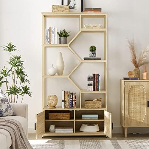 SPOFLYINN SPOFLYINN 7-Tier Bookshelf, Rattan Bookcase with 2 Doors Storage Cabinet Organizer, Free Standing Shelf Units for Living Room Home Office, 39.4''W x 13.8'' D x 75.6'' H Natural As Shown One Size