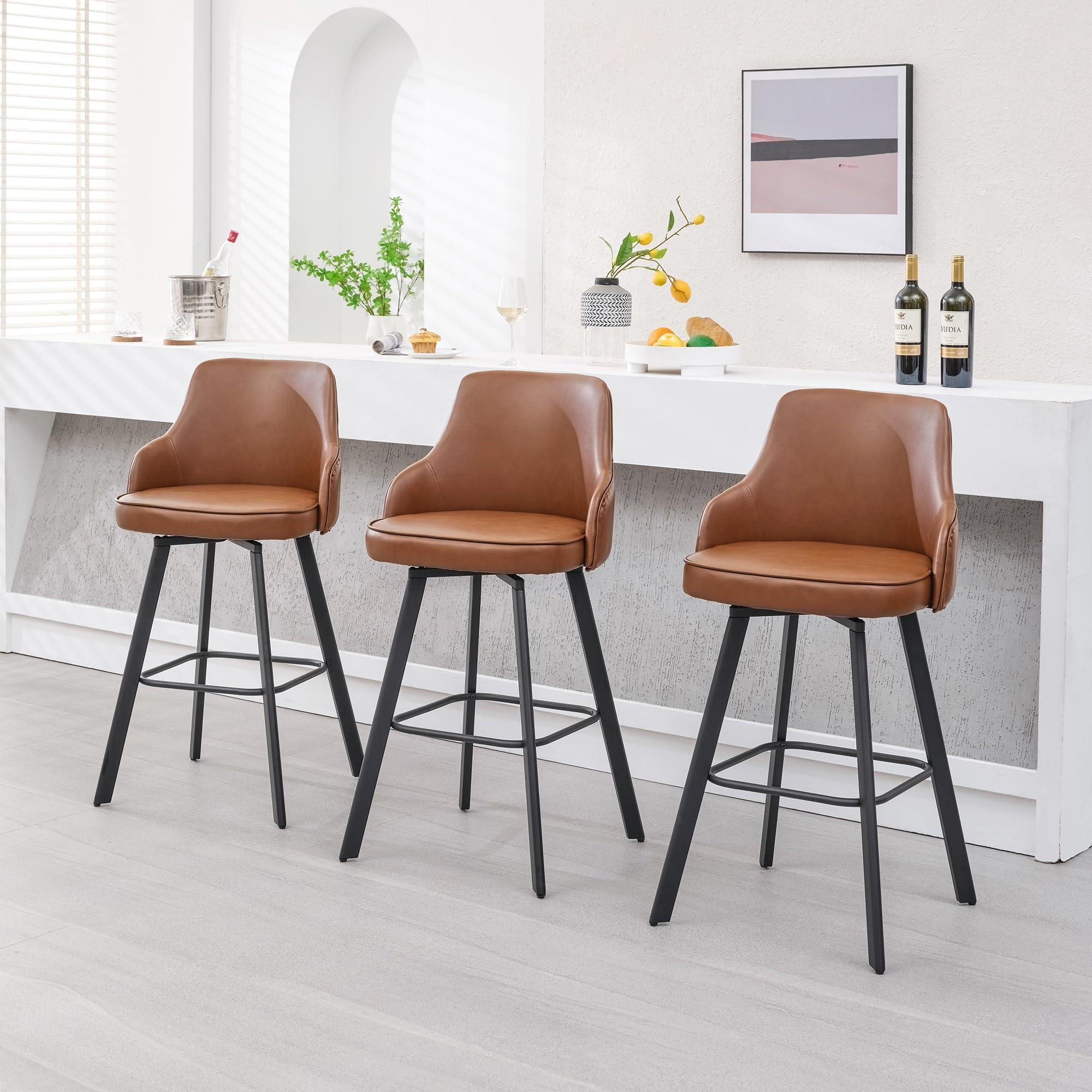 FIRAVOE FIRAVOE Bar Stools Set of 3, 30\" Swivel Bar Height Bar Stools with High Back, Faux Leather Kitchen Barstools Bar Height for Kitchen Island (Dark Brown, 3PCS 30\" Bar Stools)