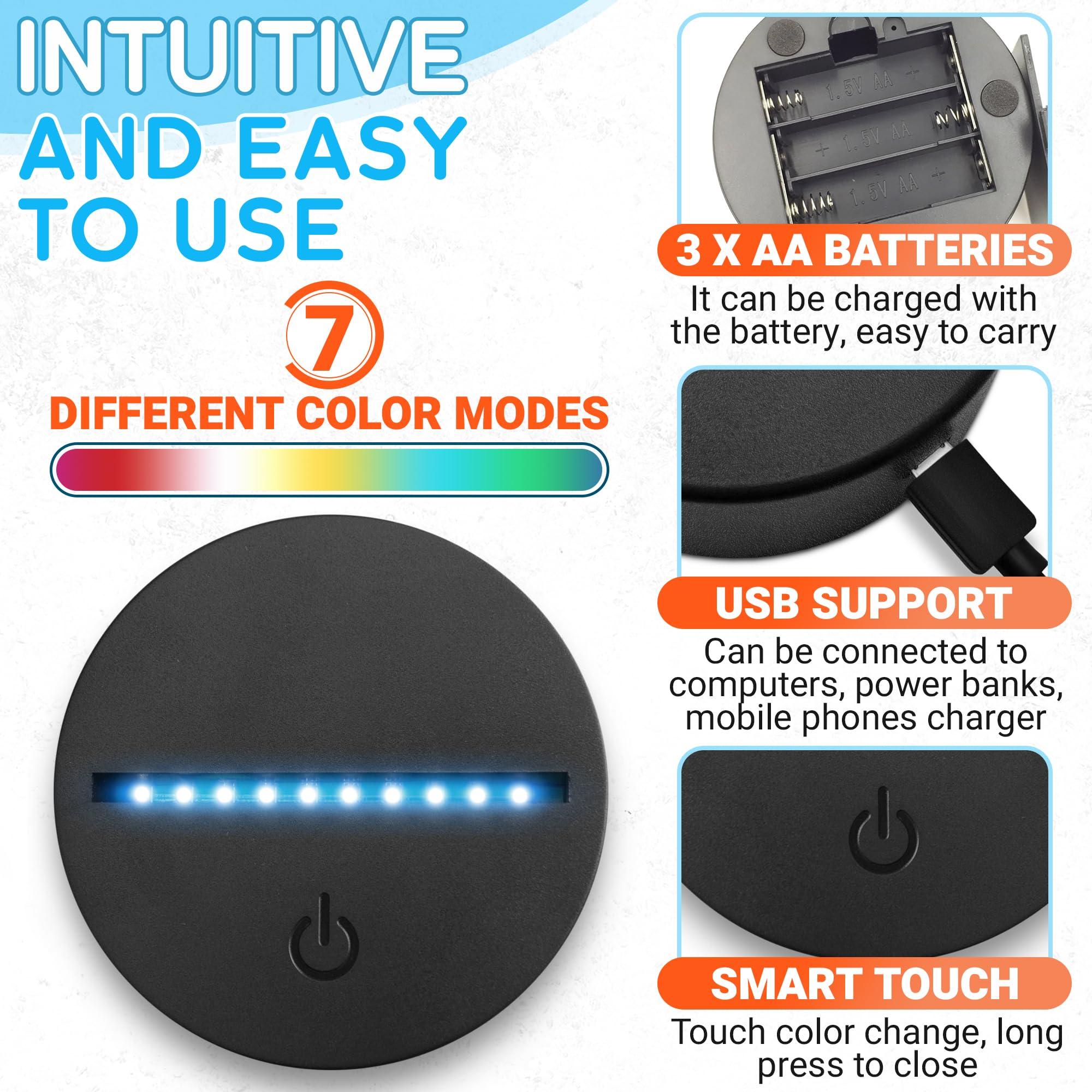 Reluen Reluen 3D LED Light Base for Glass Art 3D - Small Lamp Base Light for Crystal Display USB Lamp Base Living Room Light Base Small Black Light Display Base - 3D Desk Night Light Base LED Display Base