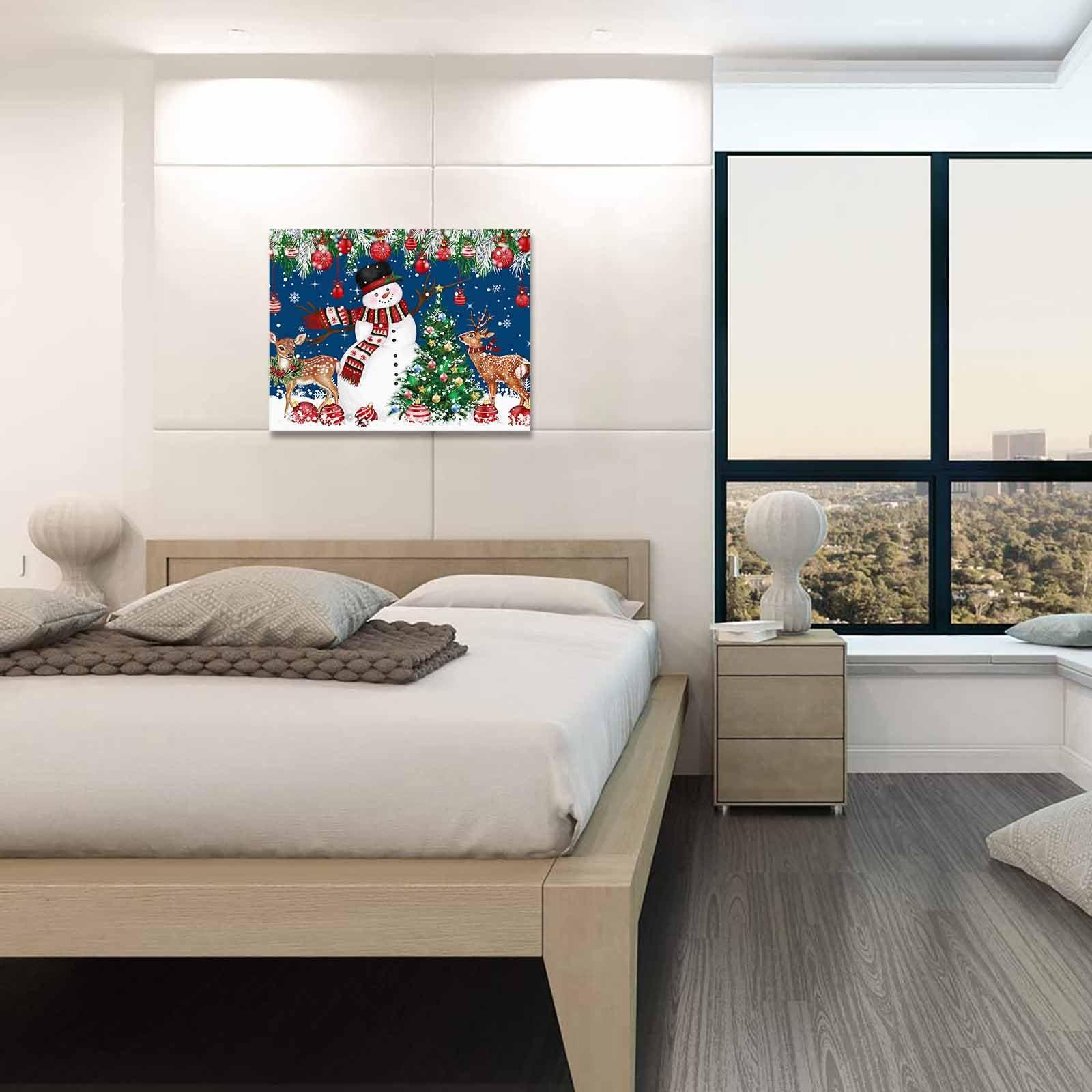 Chucoco Christmas Snowman Elk Bell Xmas Tree on Blue Pictures Paintings on Canvas Wall Art Stretched and Framed Ready to Hang for Home Decorations Snow Fir Leaves Artwork Prints 20x24in