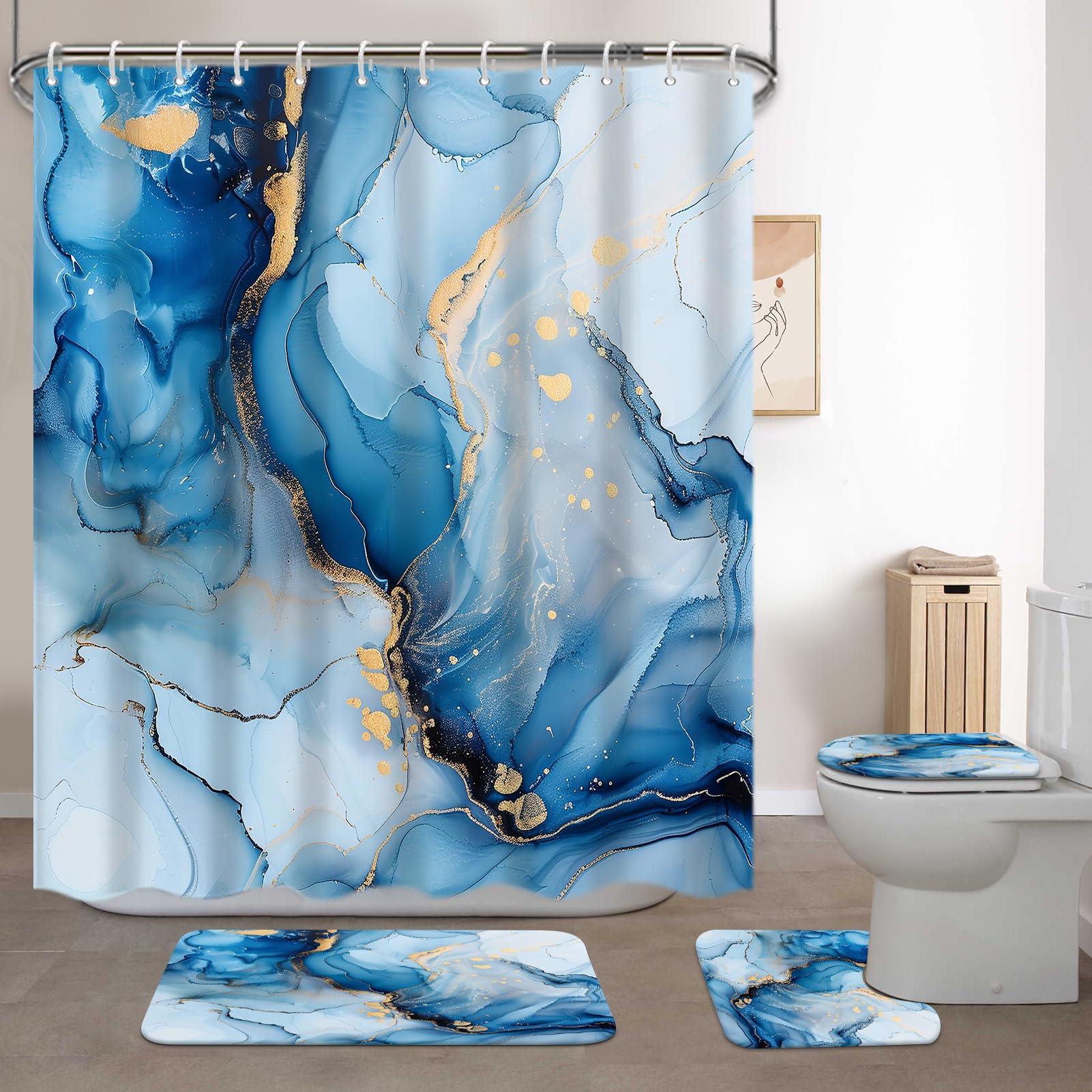 Lnond Lnond 4Pcs Bathroom Sets with Shower Curtain and Rugs, Marble Bathroom Shower Curtain Sets, Blue Gold Modern Art Bathroom Sets with Rugs and Accessories