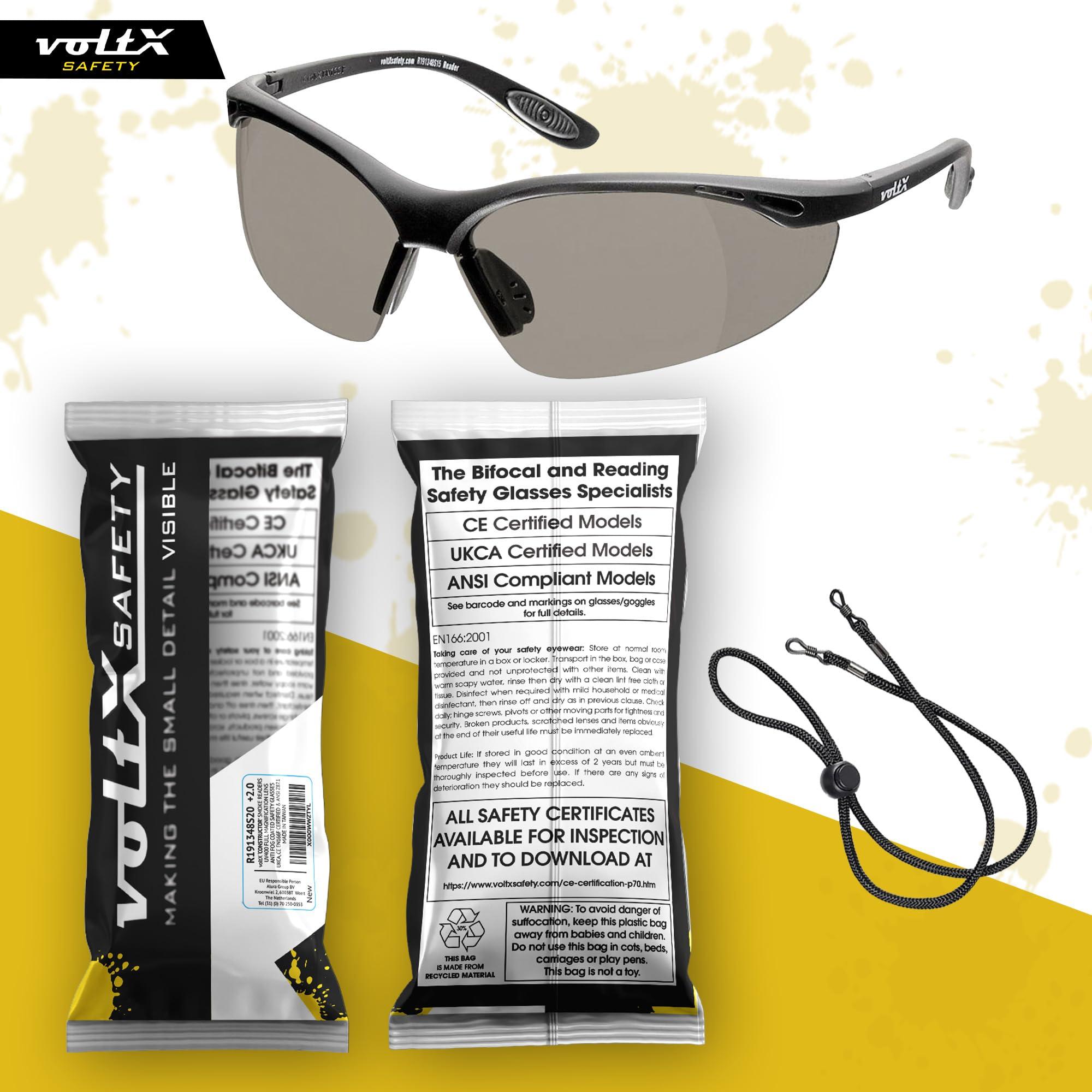 voltX voltX \'Constructor\' SAFETY READERS Full Lens Reading Safety Glasses (+2.0 Dioptre, Smoke) ANSI Z87.1+ & CE EN166F, Wraparound Style - Includes Safety Cord with headstop - UV400 anti fog coated lens