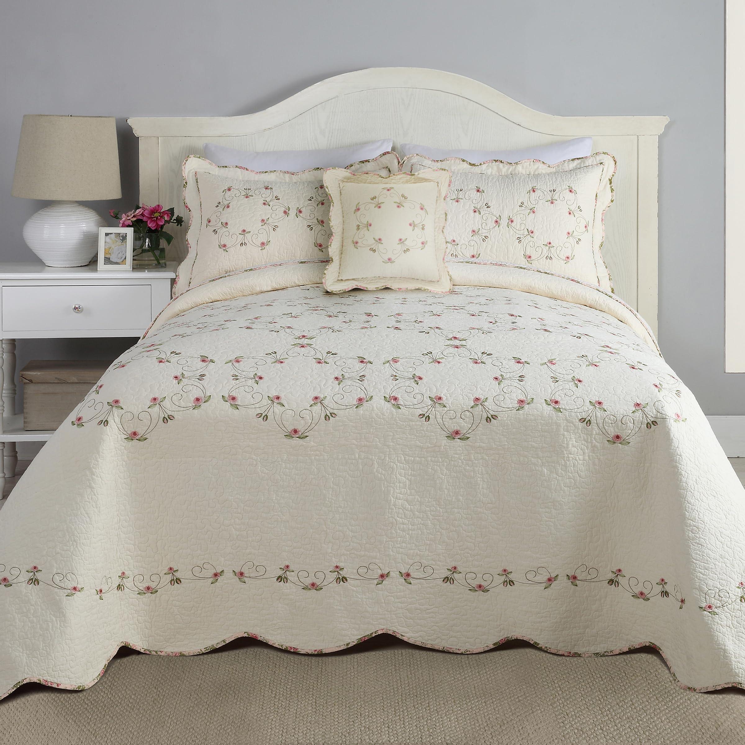 Modern Heirloom Collection MODERN HEIRLOOM Felisa Floral Embroidered Quilted Bedspread, Lightweight All Seasons Vintage Bedding, Queen Size 102\" W x 118\" L, Pink/Ivory