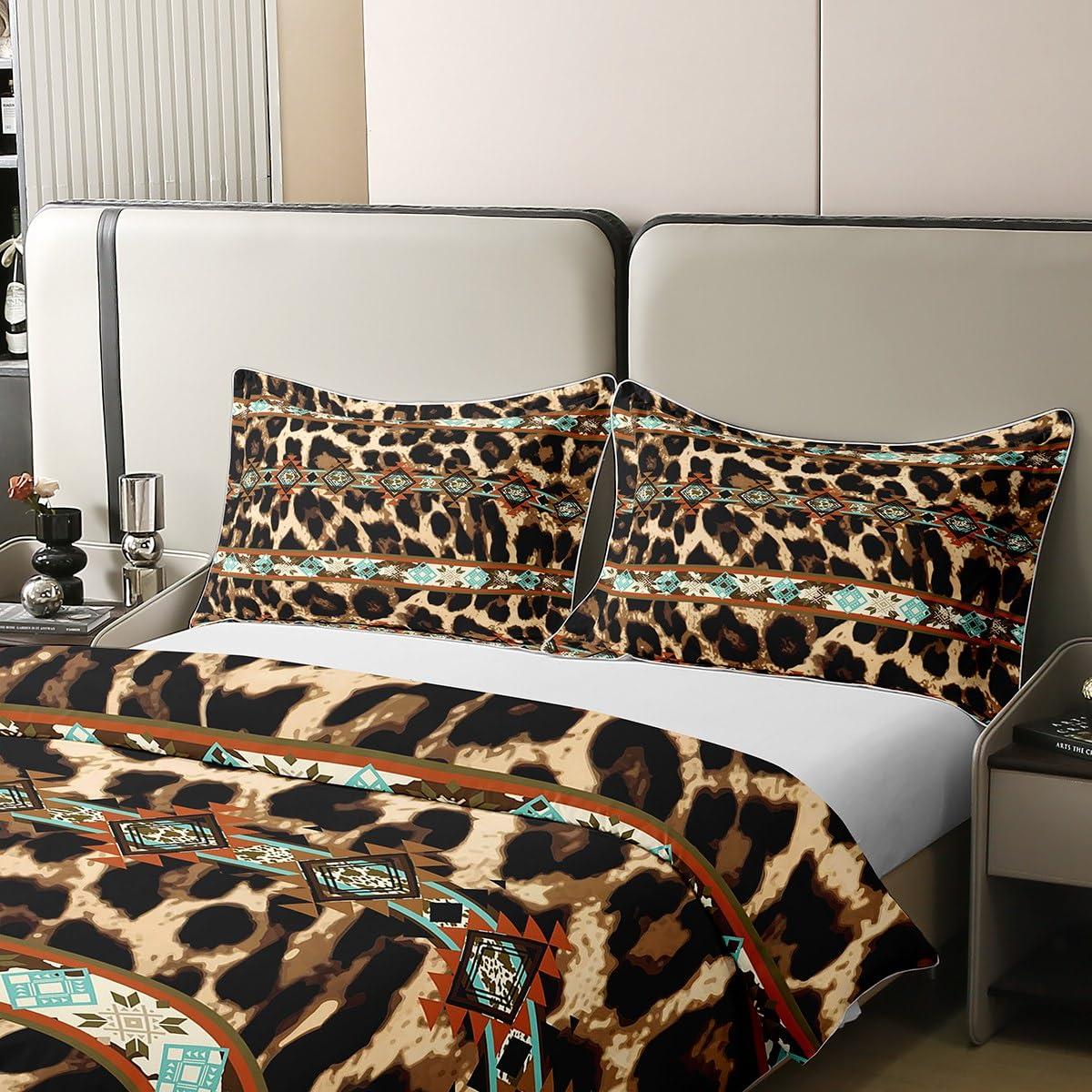 Erosebridal Pure Cotton Western Bedding Sets Queen Cheetah Print Comforter Cover,Leopard Skin Fur Hair Spot Duvet Cover Ethnic Tribe Arrow Aztec Indian Tribal Geometry Bed Set,Retro Exotic Southwestern Decor