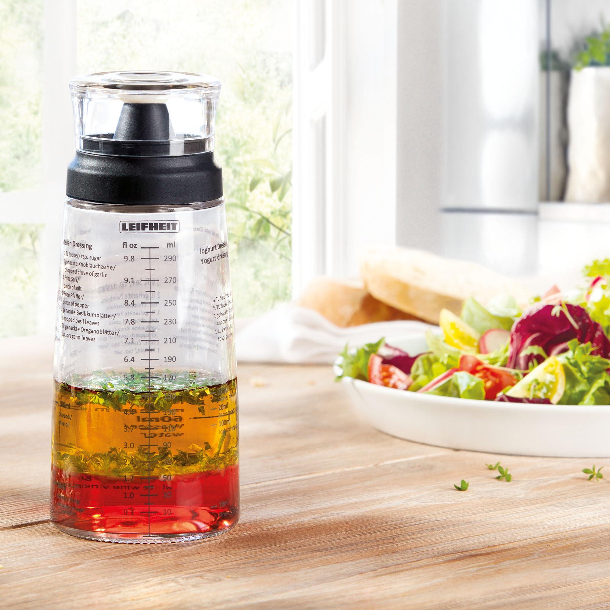 Leifheit Leifheit Glass Salad Dressing Bottle, 10 oz, Durable Glass Bottle with Plastic Lid, Non-Drip Spout, Dishwasher Safe, German Design, Elegant, Eco-Friendly, Black