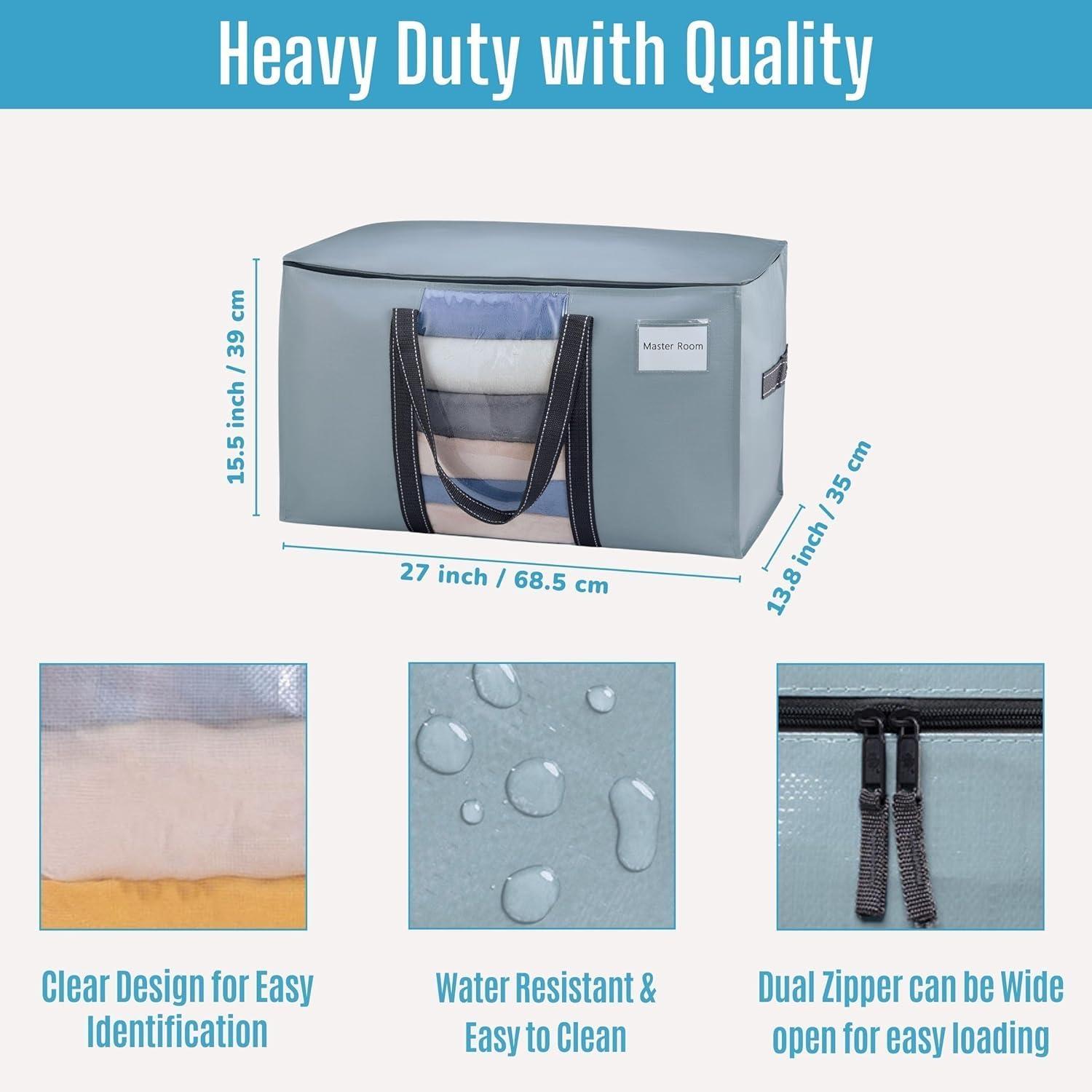 VENO VENO 4 Pack Moving Bags, Moving Supplies, Moving Boxes, College Packing Storage Boxes with Lids Alternative, Heavy Duty Totes, Extra Large, Sturdy Handles, Zipper (Light Blue with Window, 4 Pack)