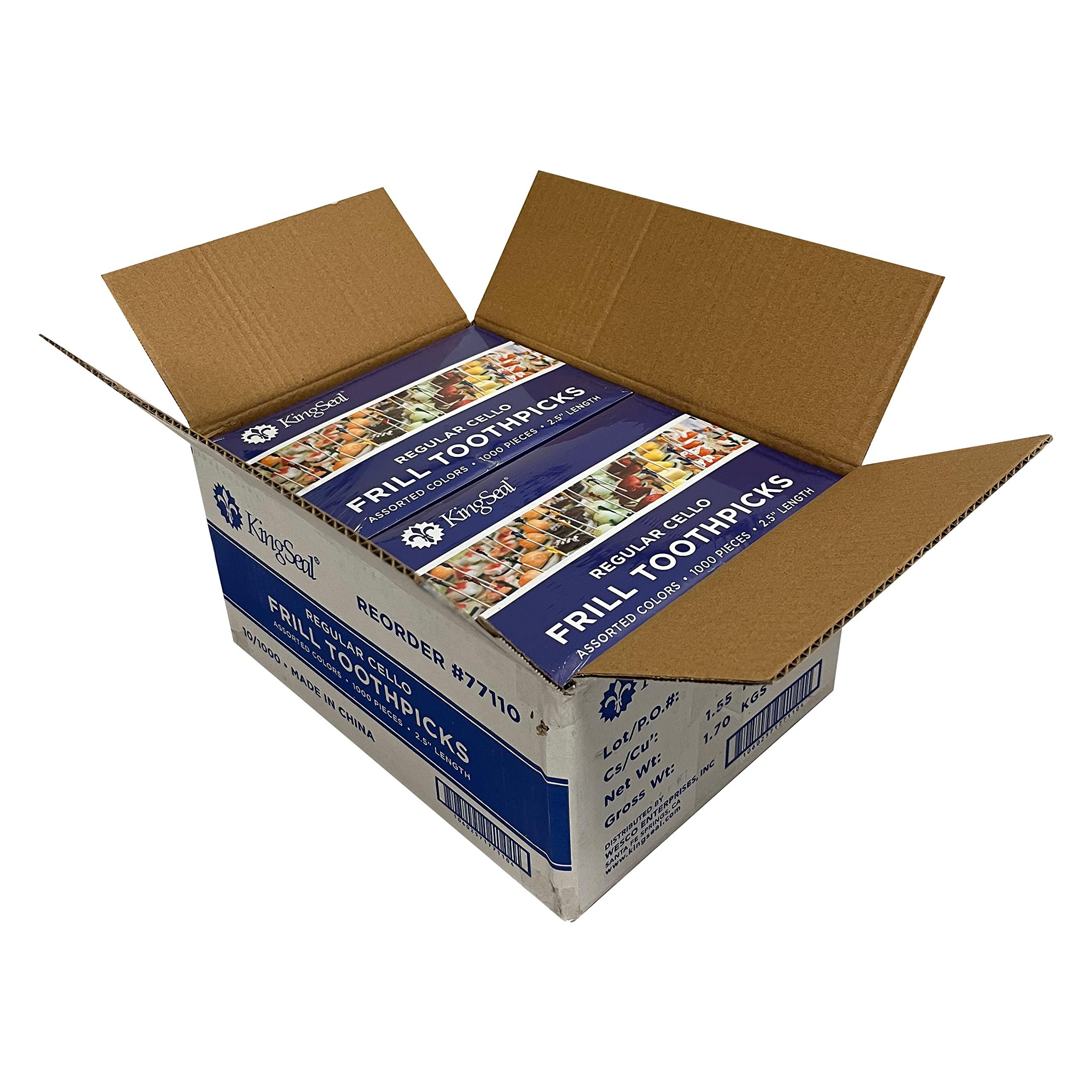 KingSeal 2000 Count | KingSeal Regular Sandwich Frill Toothpicks, Assorted Colors, 2.5 Inch Length, Bamboo Wood - 2 Boxes x 1000 Each