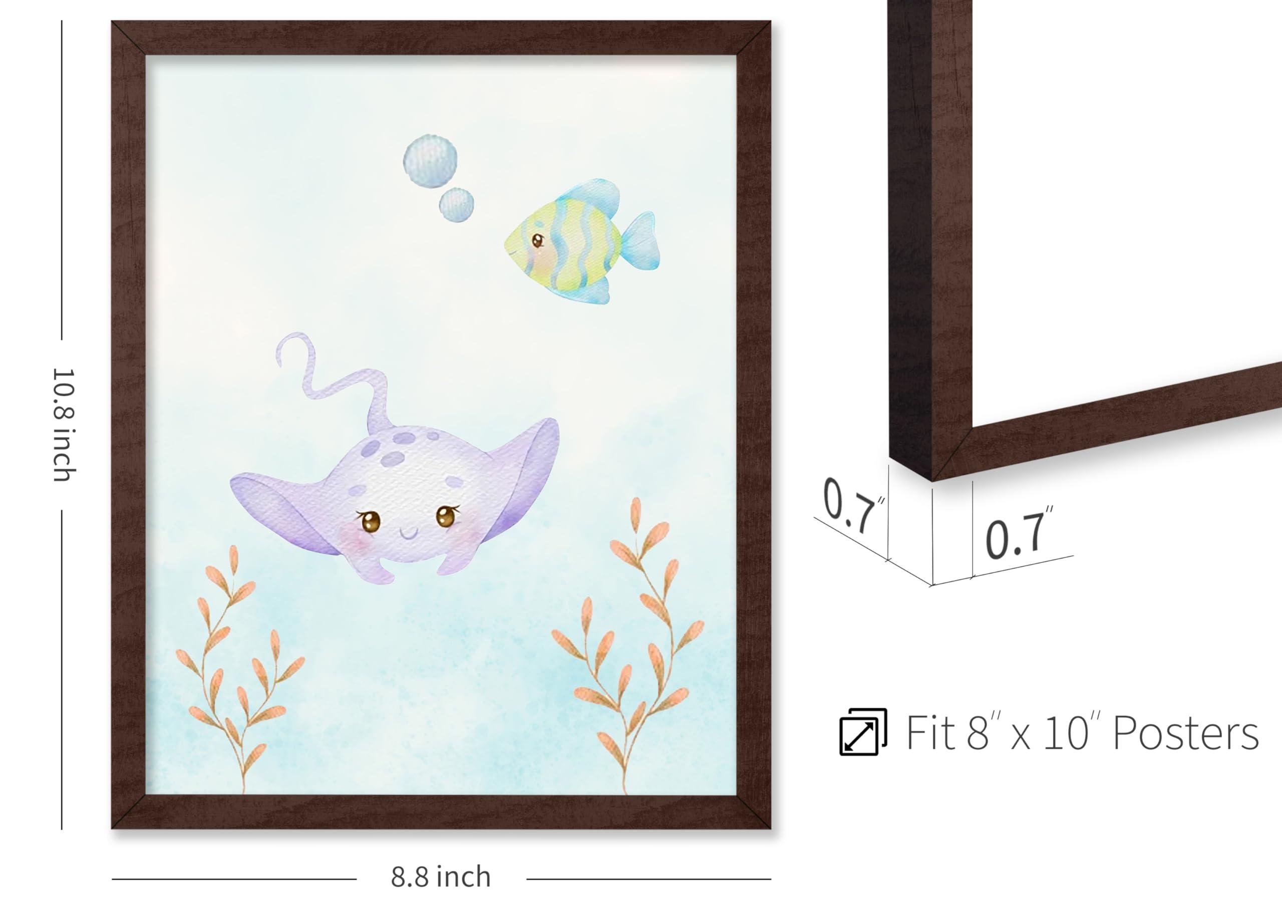 Poster Master Poster Master 6-Piece Sea Animals Poster - Aquatic Print - Pastel Color Art - Marine Life Art - Gift for Boys, Girls & Parents - Decor for Playroom, Kid\'s Room or Nursery, 8x10 Brown Framed