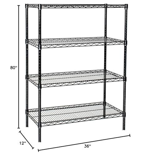 Omega Products Corporation Omega 4 Tier Shelving Unit Heavy Duty NSF Wire Shelf Metal Large Storage Shelves Adjustable, Commercial Grade Steel Utility Layer Shelf Rack Storage,12L x 36W x 80H Inch Black