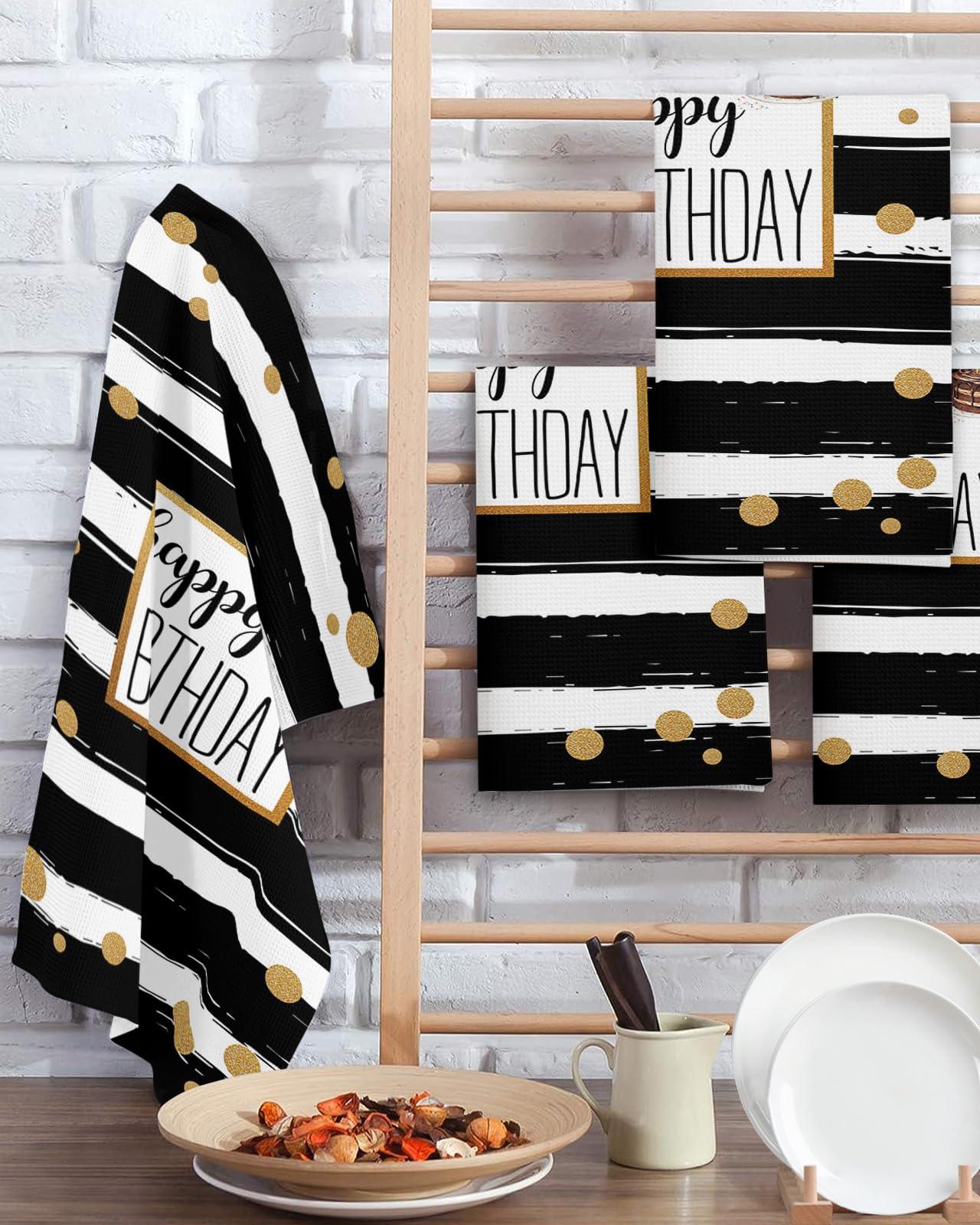 Kontanderi Happy Birthday Dish Towels Waffle Kitchen Towels Set, Absorbent Quick Drying Towel Cleaning Cake Black and White Striped Dots Hand Towels for Bathroom 4 Pack Dish Cloths 15.7\"x23.6\"