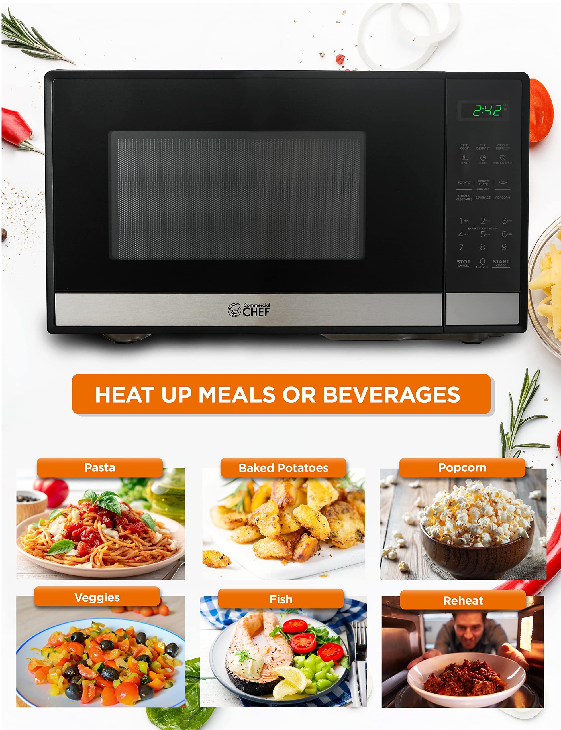 Commercial CHEF Commercial CHEF Small Microwave 0.9 Cu. Ft. Countertop Microwave with Touch Controls & Digital Display, Stainless Steel Microwave & 10 Power Levels, Outstanding Portable Microwave with Pull Handle
