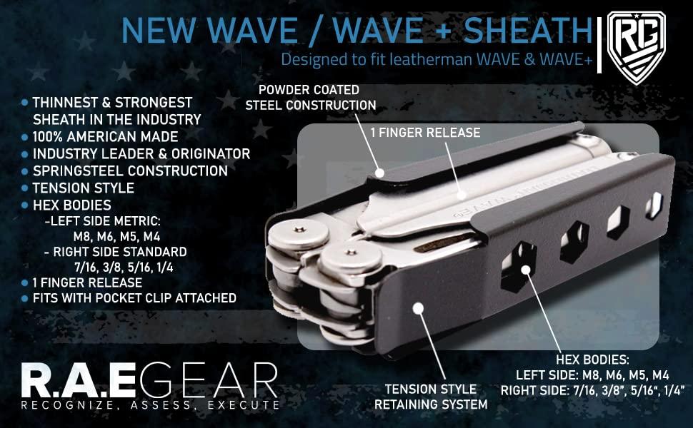 RG RAE GEAR RECOGNIZE , ASSESS , EXECUTE RAE Gear Wave Plus/New Wave Sheath Compatible with leatherman Tools - Universal Belt Size & ROTATABLE Belt Clip (Tool NOT Included)