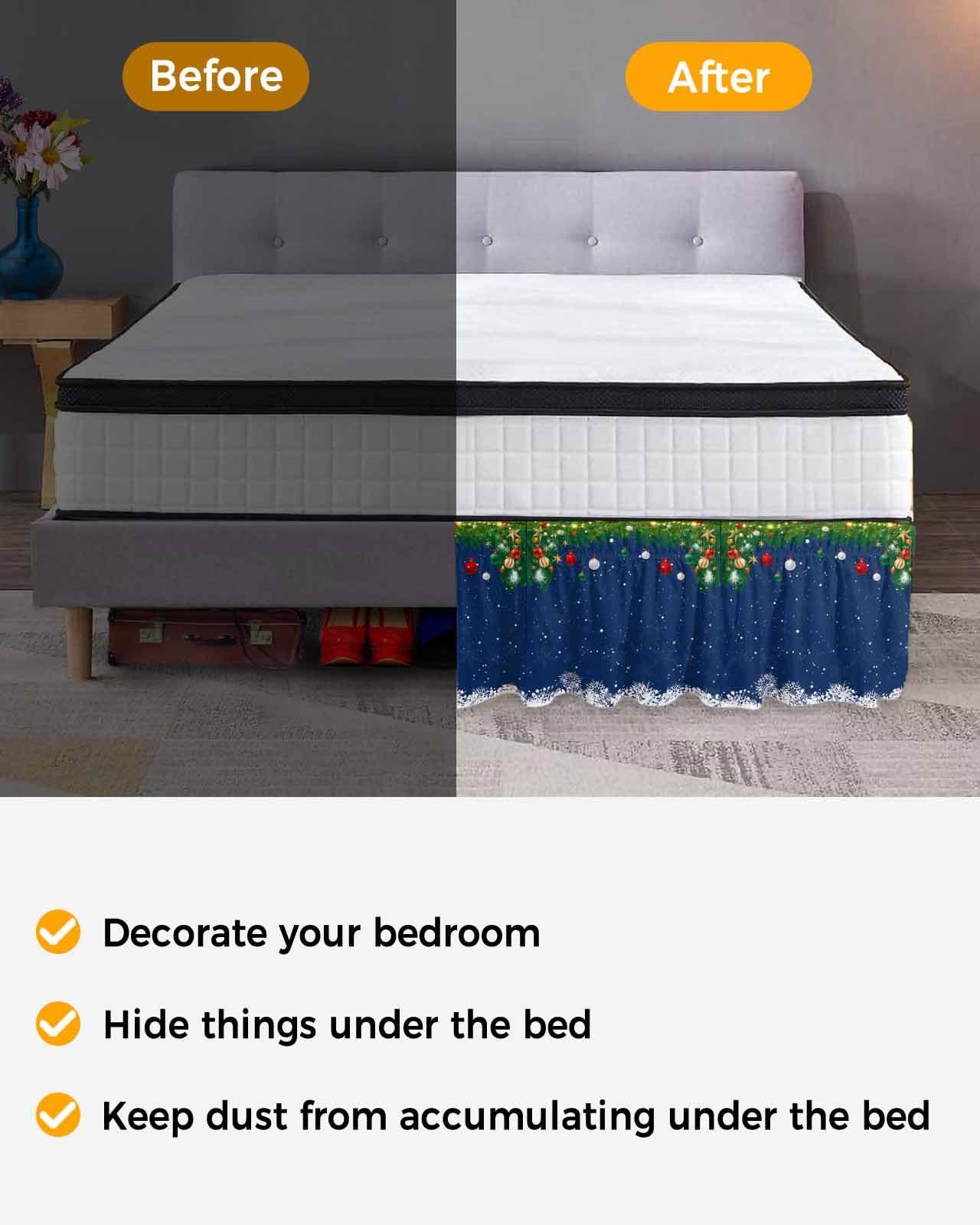 Gehucoxee Christmas Balls Navy Blue Bed Skirt Queen Size 18 Inch Drop, Adjustable Elastic Wrap Around Bed Skirts Easy Fitting Dust Ruffle Bedskirt Wrinkle Free Bed Frame Cover Winter Snowflakes Pine Branches