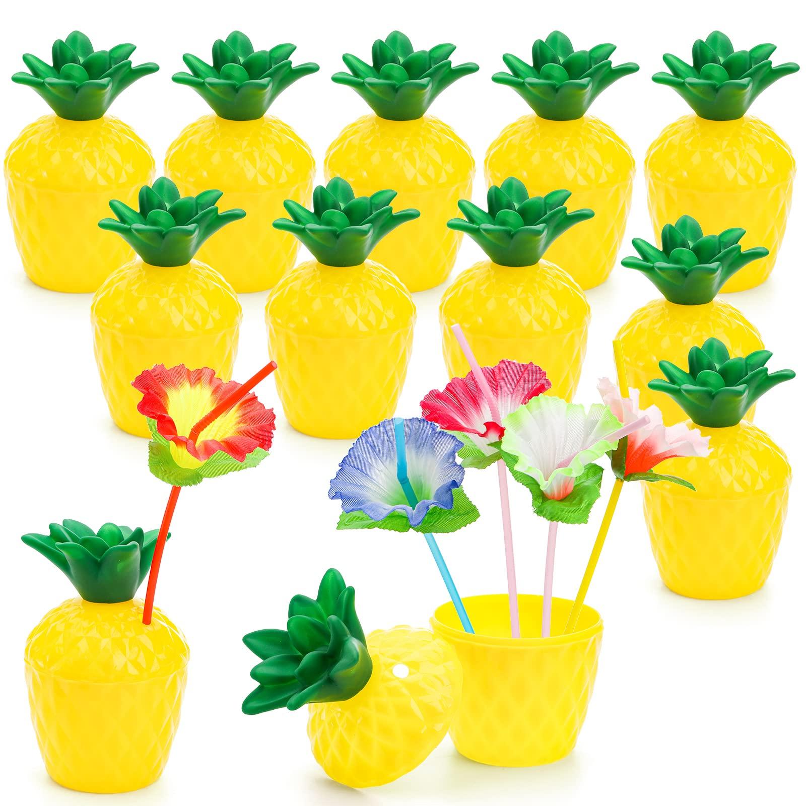 Cedilis Cedilis 12 Pack Plastic Pineapple Cups with Lids and Straws, Hawaiian Luau Party Cups, Tiki Cups for Hawaiian Party Favor Decorations, 10oz