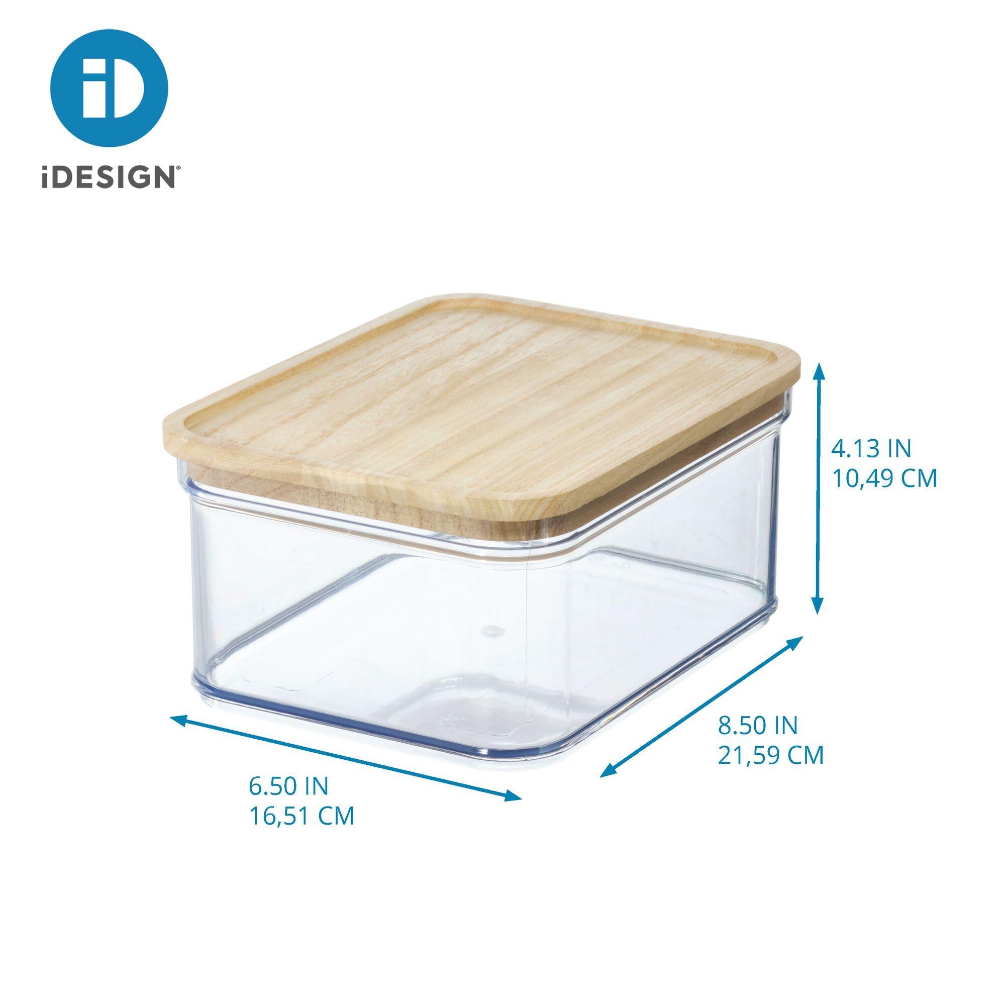 InterDesign iDesign Recycled Plastic Crisp Storage Bin with Lid, The Rosanna Pansino Collection 8.51 L x 8.51 W x 4.13 H, Clear Bin with Natural Wood Lid