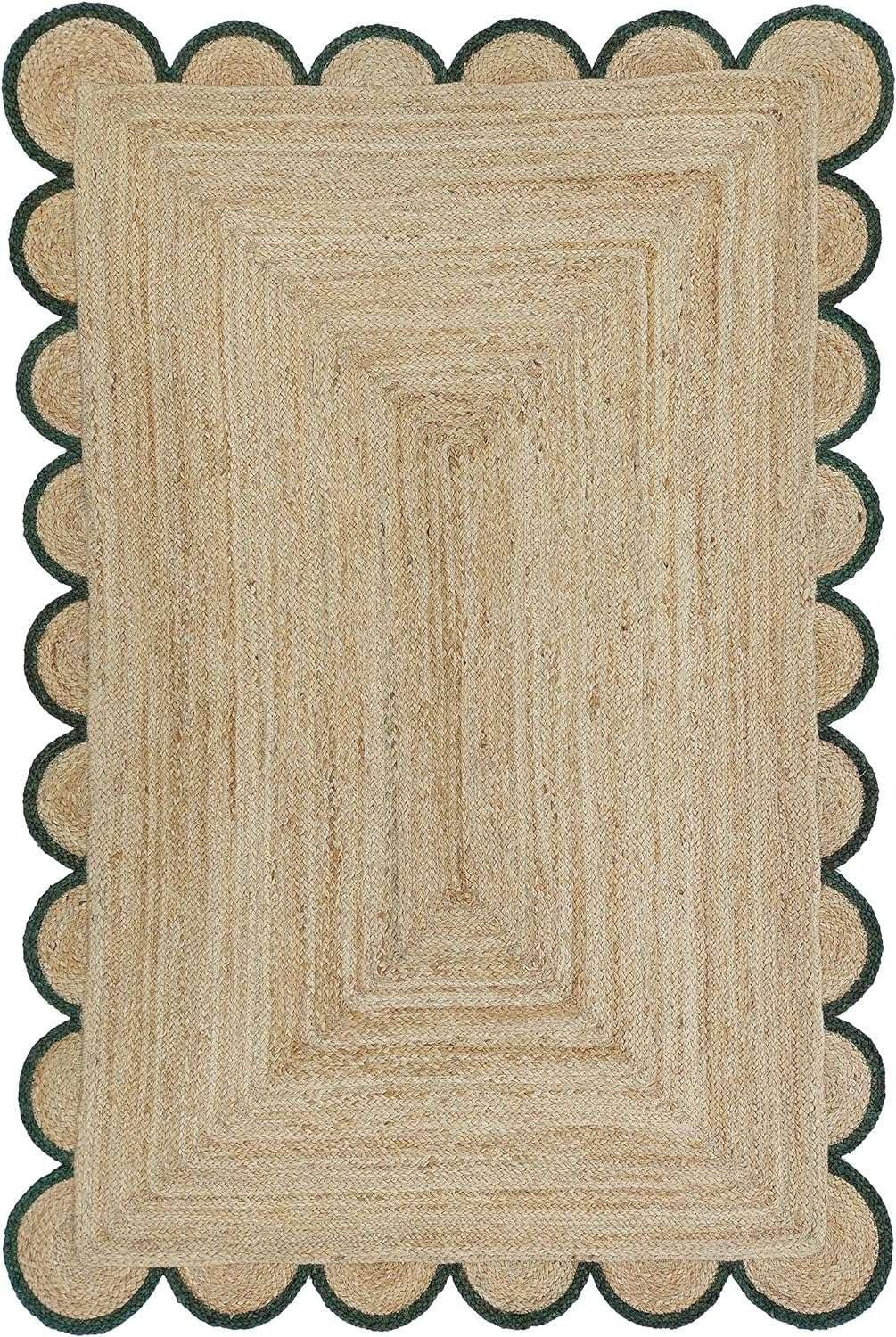 MORVEE MORVEE Area Rug 2.6x18 Jute Scalloped Natural (Green, 2'6" x 18')