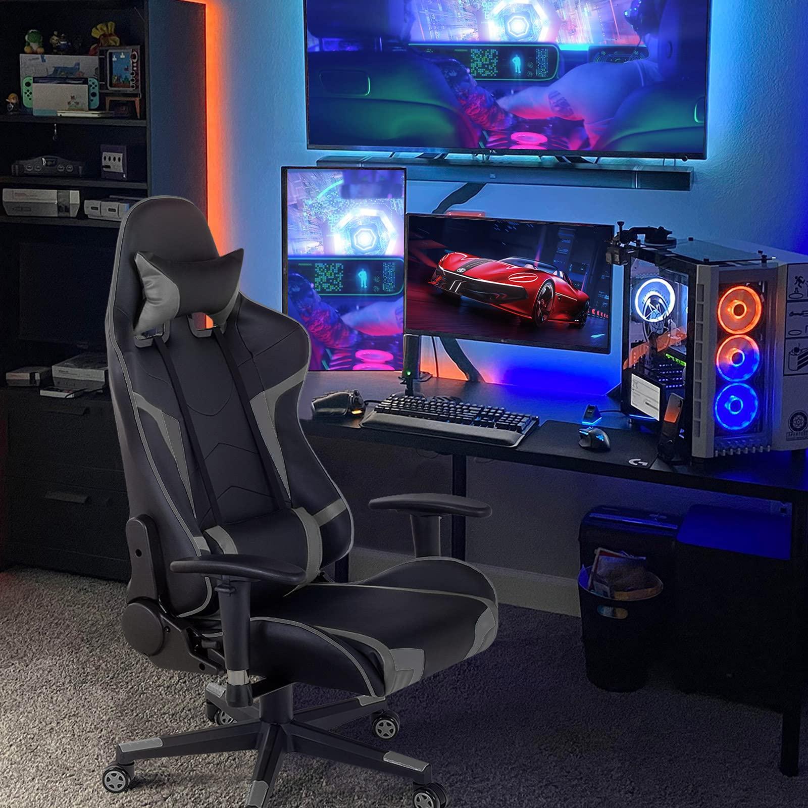 GYMAX GYMAX Gaming Chair, Massage Gaming Chairs for Adults with Headrest, Lumbar Support & Armrest, Video Computer Reclining Gaming Chair, Office Desk Gamer Task Chair (Grey)
