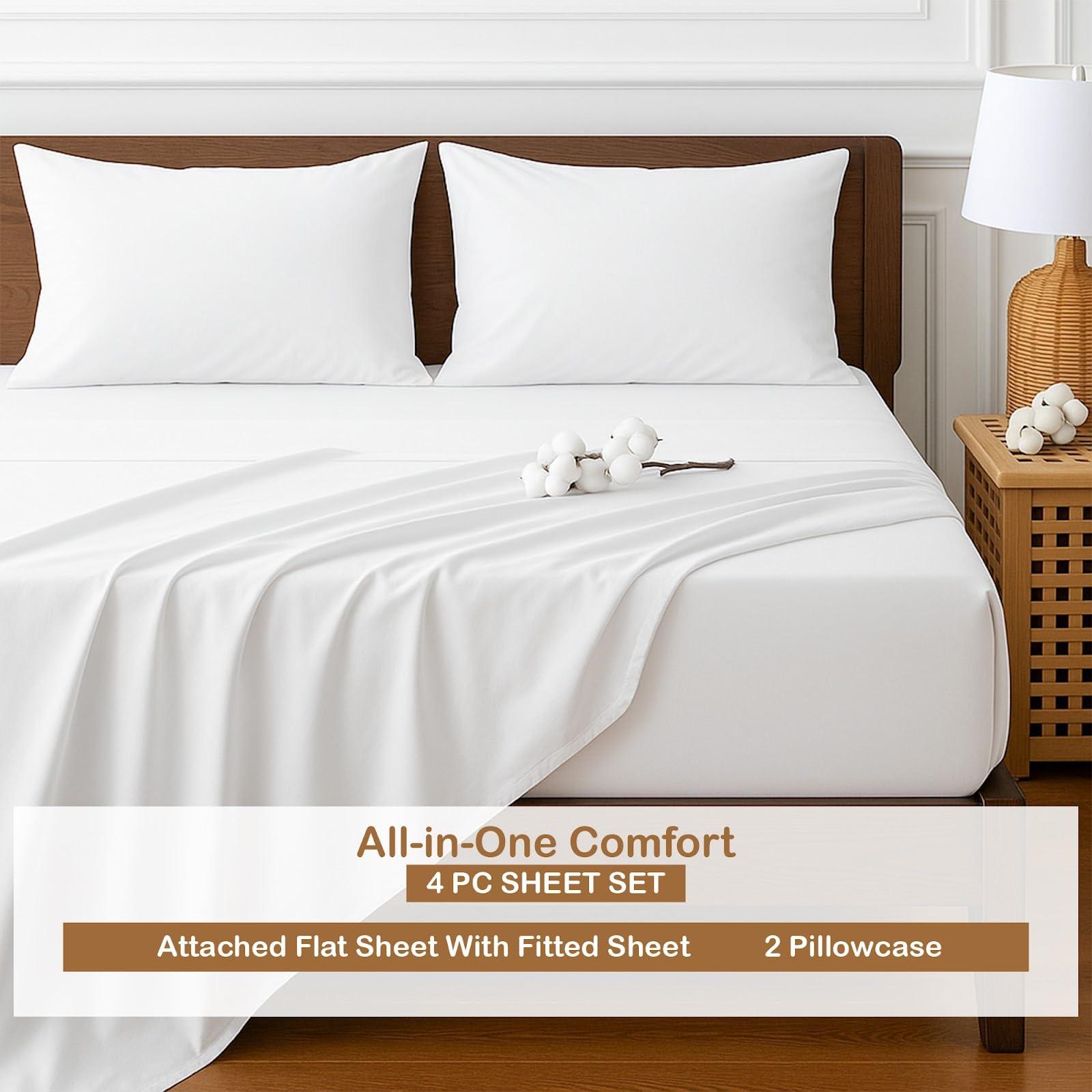 ARlinen Waterbed Sheets Super Single Size 600 Thread Count 100% Cotton 12 Inches -Deep Pockets- Attached Waterbed Sheet Set- 4 Piece - Hotel Luxury Bed - Extra Soft -White Solid Bed Sheets -Super Single