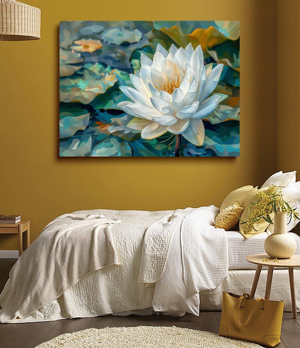 Generic Generic Zen Wall decoration Lotus art Plant Wall art Blooming White Lotus Painting Flower Art Abstract wall art Oriental style wall painting 24x36 poster frame