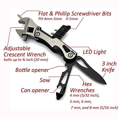 Multtools 15-in-1 Adjustable Crescent Wrench MultiTool includes Saw, Flat & Phillip Screwdriver Bits, Hex Wrenches, LED Light in the handle and Bonus High Density Nylon Pouch