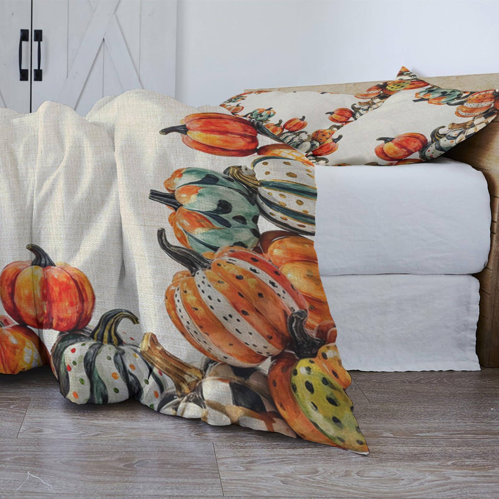 Debedcor Thanksgiving Duvet Cover Full Size, Polka Dot Plaid Paint Pumpkin Orange Green Burlap Comforter Cover with Zipper Closure, 3 Piece Bedding Sets 1 Duvet Cover 86x86 Inches and 2 Pillow Shams