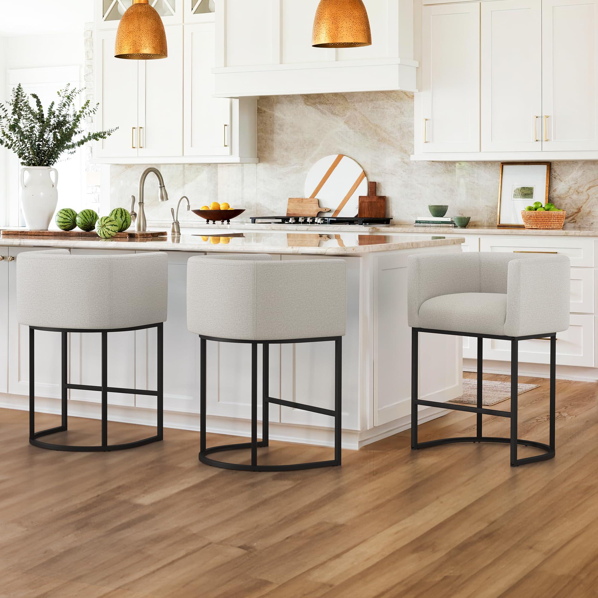 LUE BONA LUE BONA 27\" H Counter Height Bar Stools Set of 3, Modern Barrel Counter Stools with Backrest and Arms, Black Metal Frames, Linen Fabric Upholstered Accent Barstools for Kitchen Island, Light Gray
