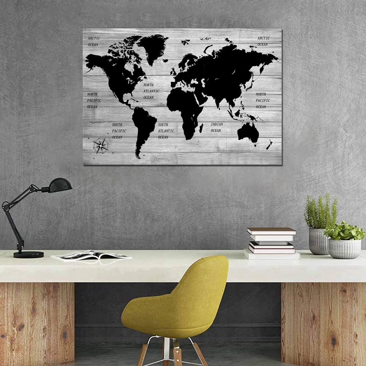 TAOMI World Map Black Grey White Wooden Grain Painting Artwork for Office Bedroom Wall Art Poster Large Frame Home Decorations Greyscale Minimalist Picture