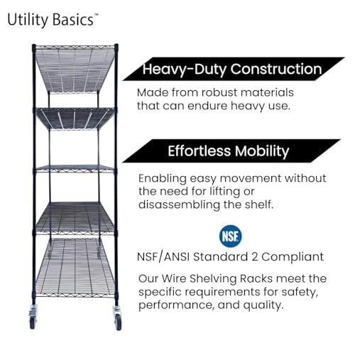 Utility Basics Utility Basics 60"x24"x72" Black 5-Tier Premium Metal Wire Shelving NSF 4000 LBS MAX Capacity Heavy Duty Steel Storage Rack for Warehouse, Garage, Hospital, Commercial Space & School w/Premium Wheels
