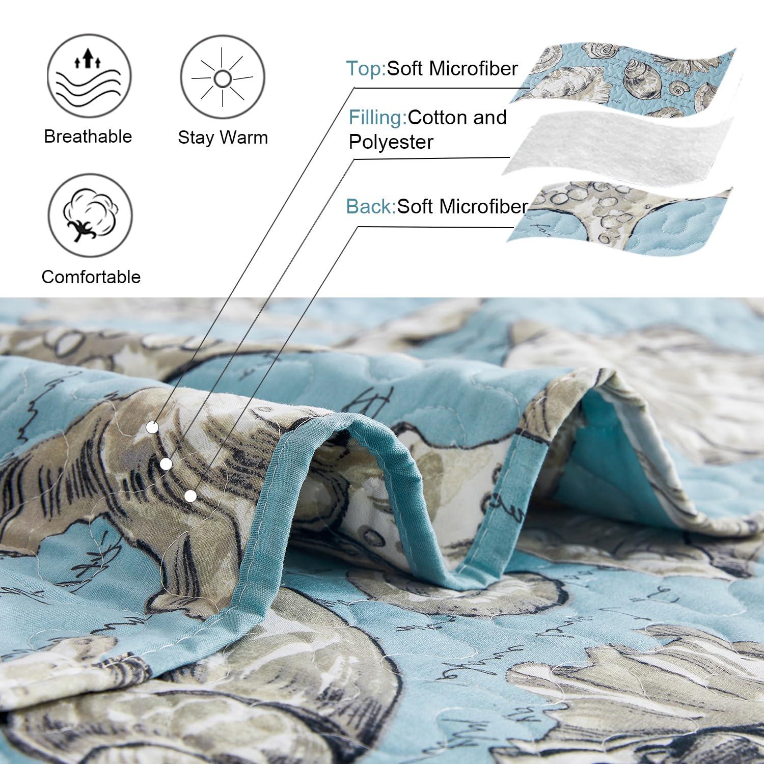 Ycosy Coastal Quilt Set Full/Queen Size Ocean Themed Bedding Summer Beach Quilts Set Lightweight Reversible Bedspread Coverlets Seashell Starfish Seaweed Bed Spread Soft Home Bed Cover with 2 Pillow Shams