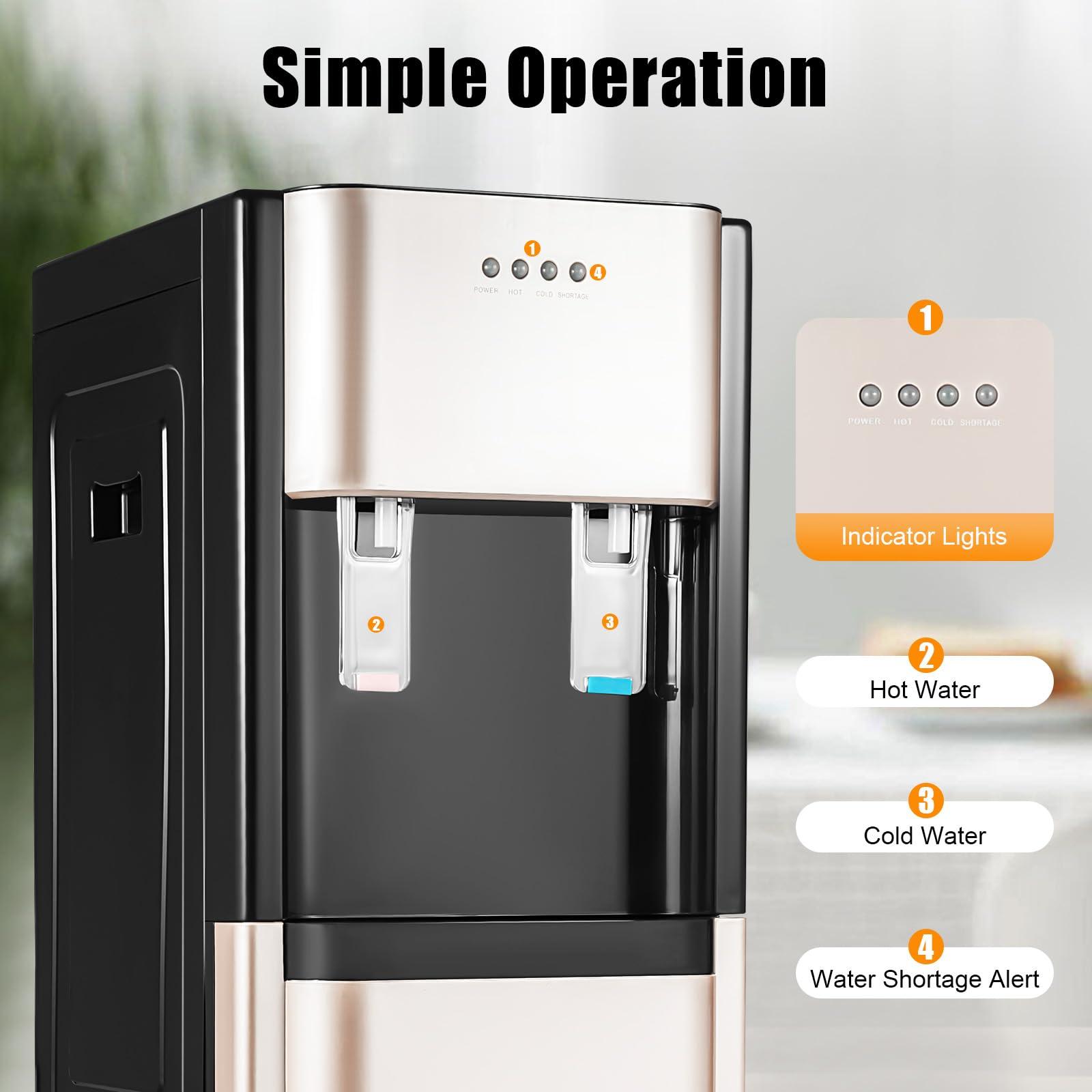 KWCWB Bottom Loading Water Cooler Dispenser for 5 Gallon Bottles - Hot & Cold Water, Stainless Steel 5 Gallon Water Dispenser with LED Light for Home, Offices, Hotels, Kitchens (Gold)