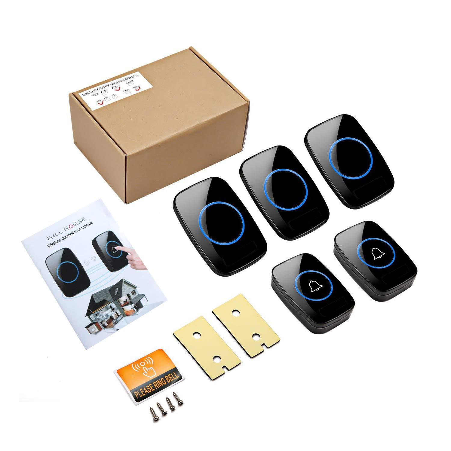 Full House Wireless Doorbell, FullHouse Waterproof Door Bell Kit, Distinguish Front and Rear Doors, Over 1000 feet Range and 60 Chime, 5 Levels Volume and LED Flash, for Home Office Classroom