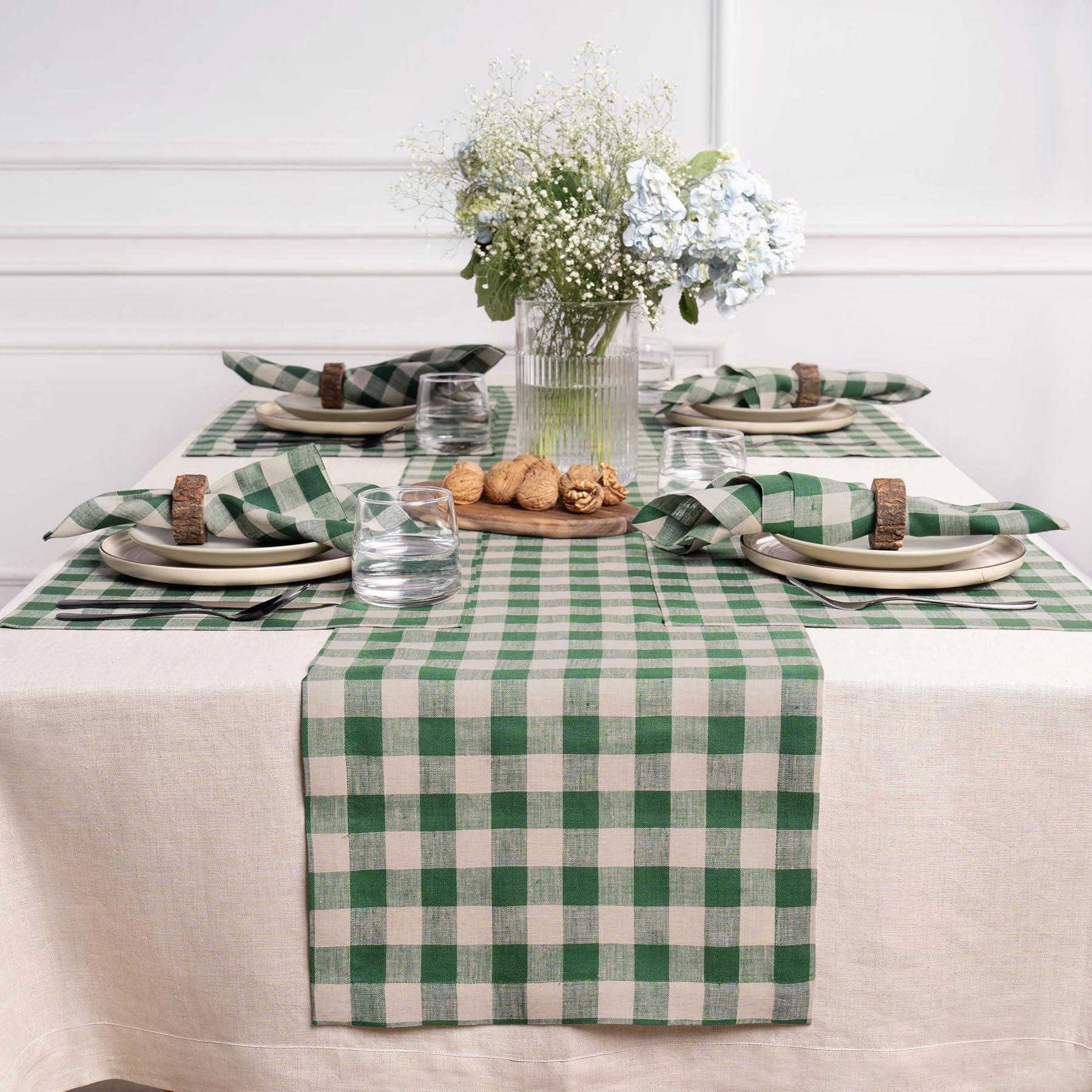 Solino Home Solino Home Linen Buffalo Check Table Runner 72 inches Long 100% Pure Linen Green and Natural Plaid Table Runner 14 x 72 Inch Farmhouse Table Runner, Morgan Check