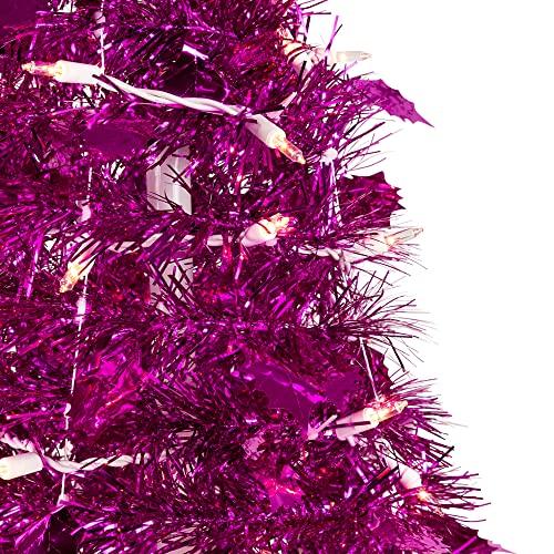 Northlight Northlight 6' Pre-Lit Pink Tinsel Pop-Up Artificial Christmas Tree, Clear Lights